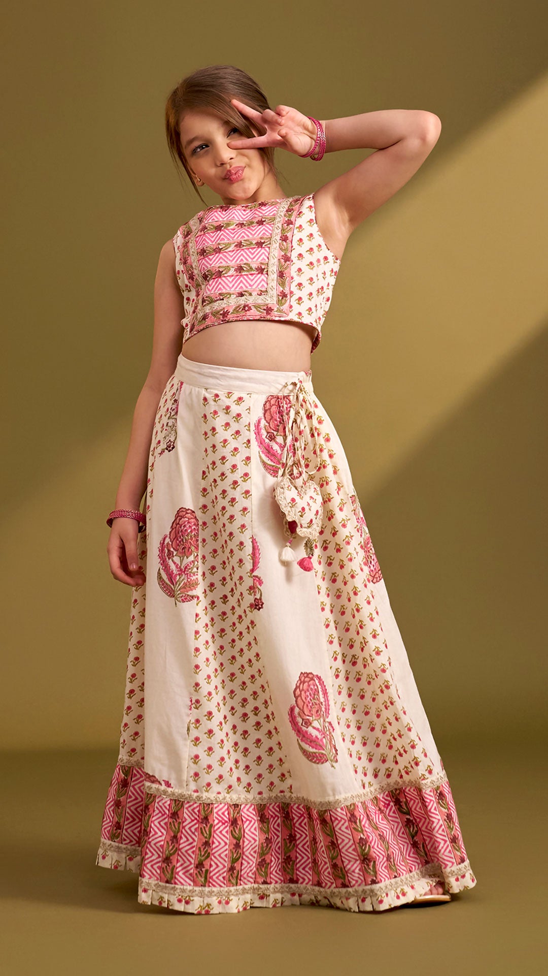Pre Order: Hand Block Floral Printed Top And Pleated Hem Lehenga With Matching Dupatta