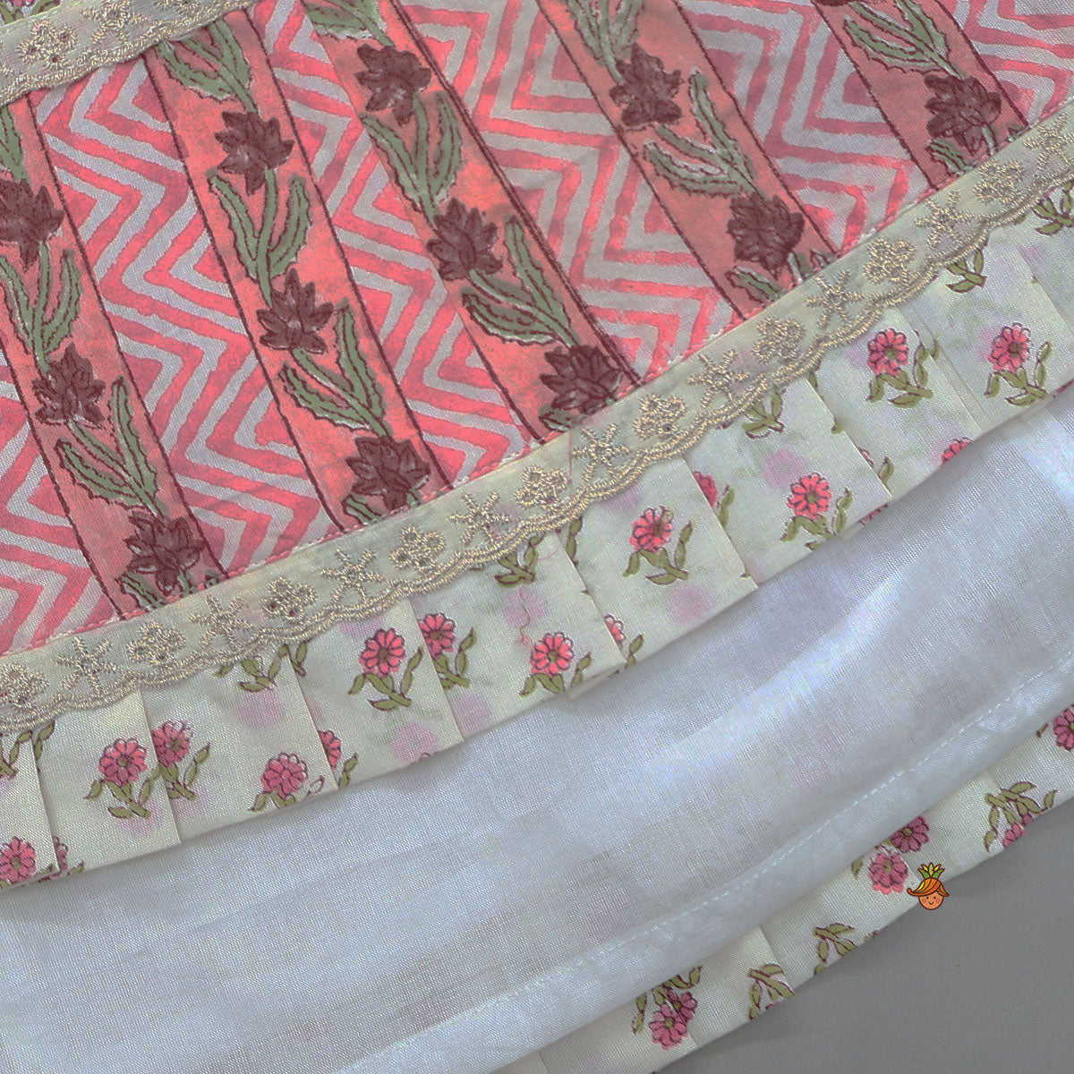 Pre Order: Hand Block Floral Printed Top And Pleated Hem Lehenga With Matching Dupatta
