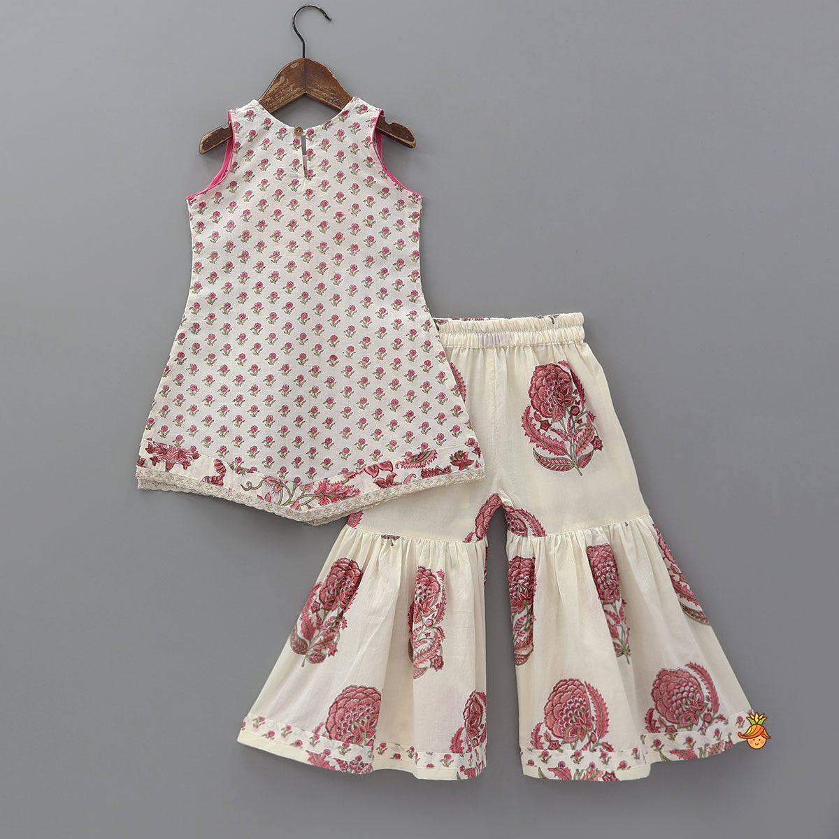 Pre Order: Floral Stylish Kurti And Insert Pocket Sharara With Matching Dupatta