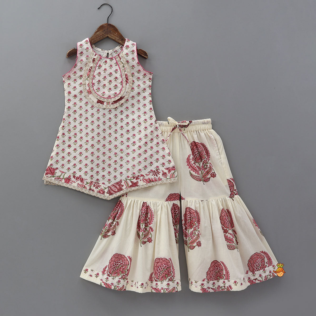 Pre Order: Floral Stylish Kurti And Insert Pocket Sharara With Matching Dupatta