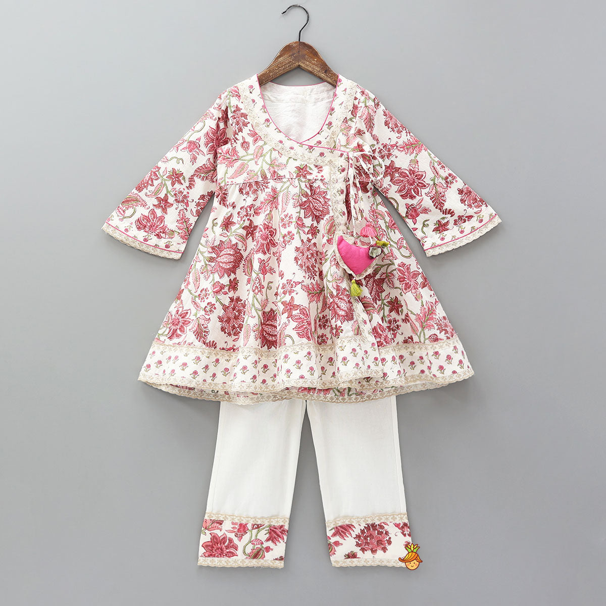 Pre Order: Sweetheart Tassel Detailed Hand Block Printed Angarkha Kurti And Pant
