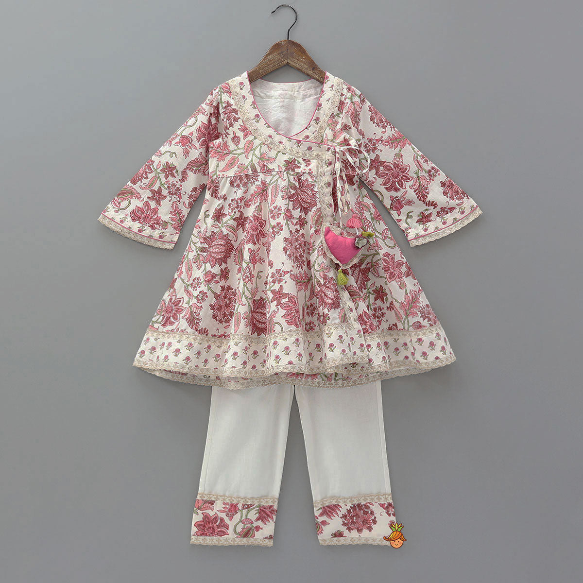 Pre Order: Sweetheart Tassel Detailed Hand Block Printed Angarkha Kurti And Pant