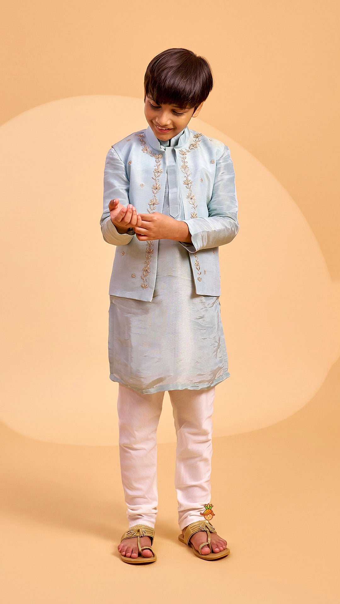 Shimmery Kurta With Open Jacket And Churidar
