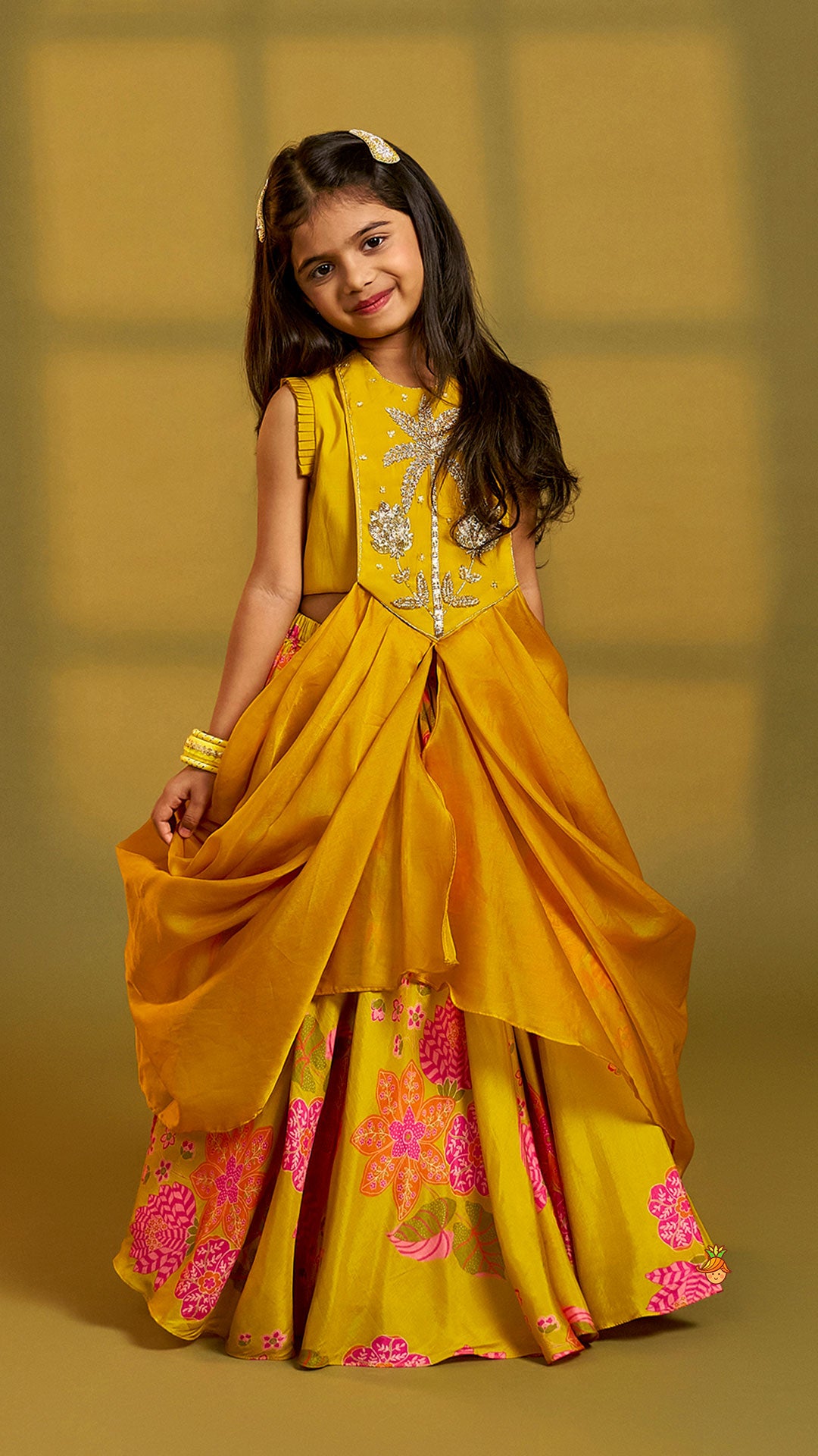 Pre Order: Stylish Pleated Drape Top And Printed Lehenga
