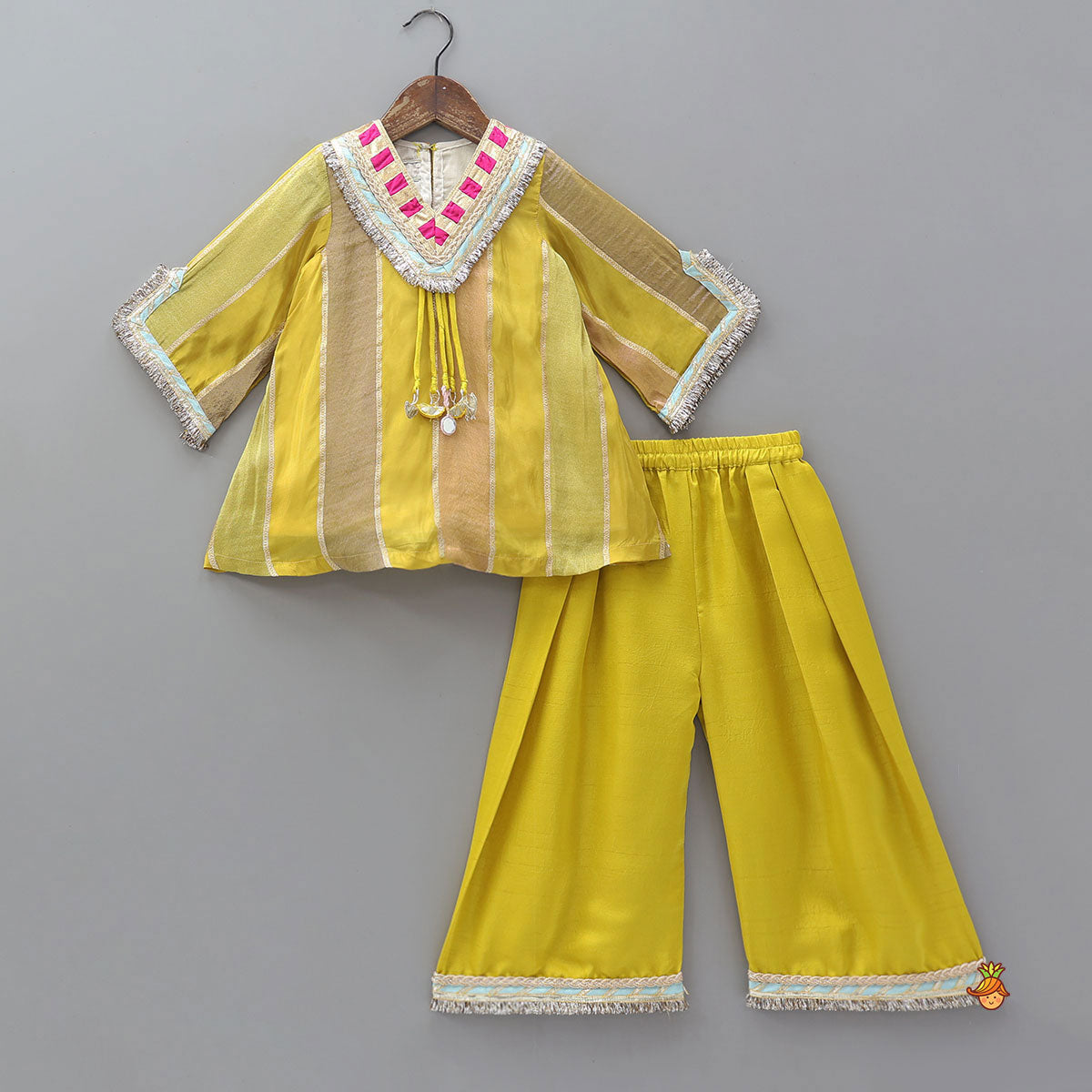 Pre Order: Striped A-Line Kurta With Tassel Details And Palazzo
