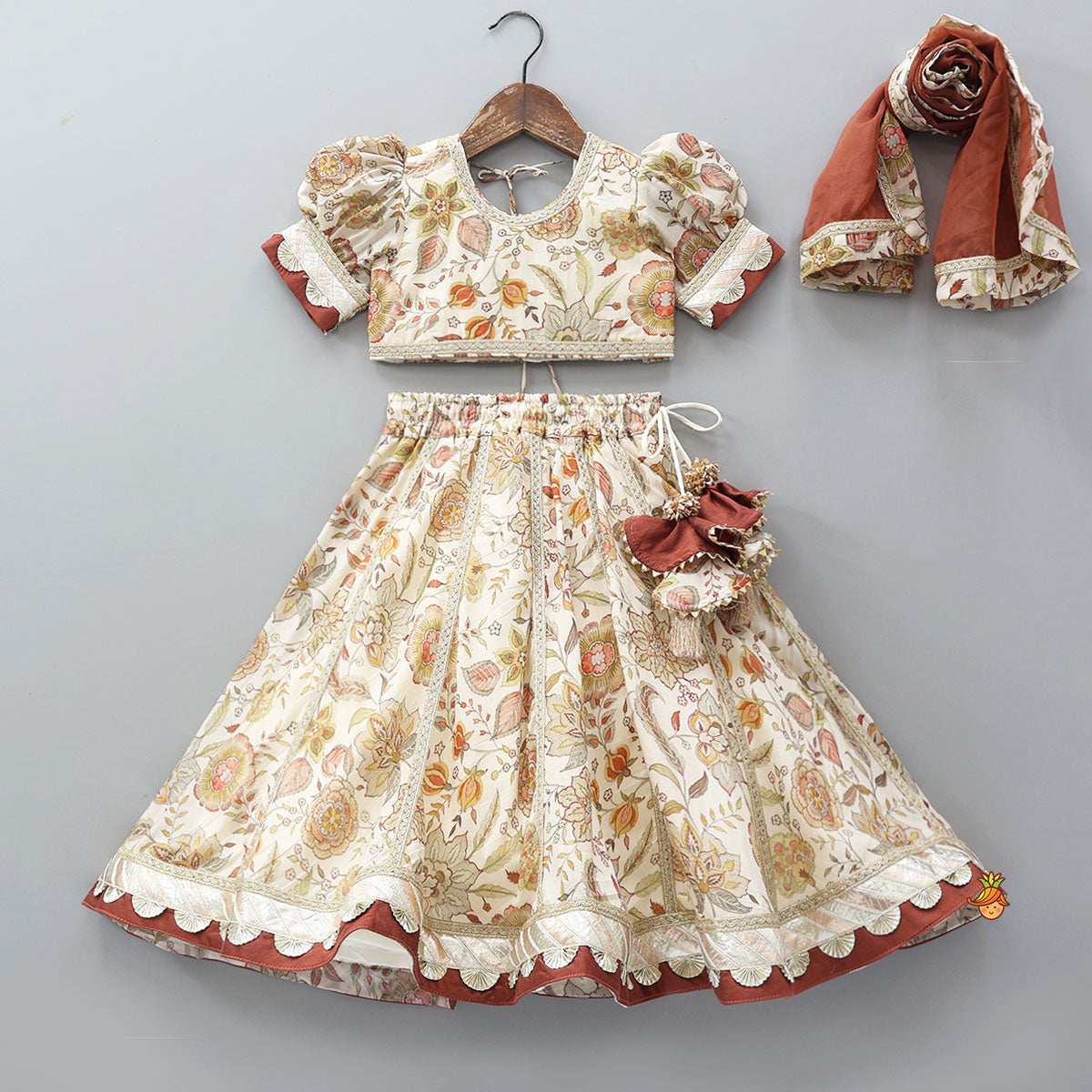 Pre Order: Round Neck Floral Top And Lace Work Lehenga With Matching Dupatta