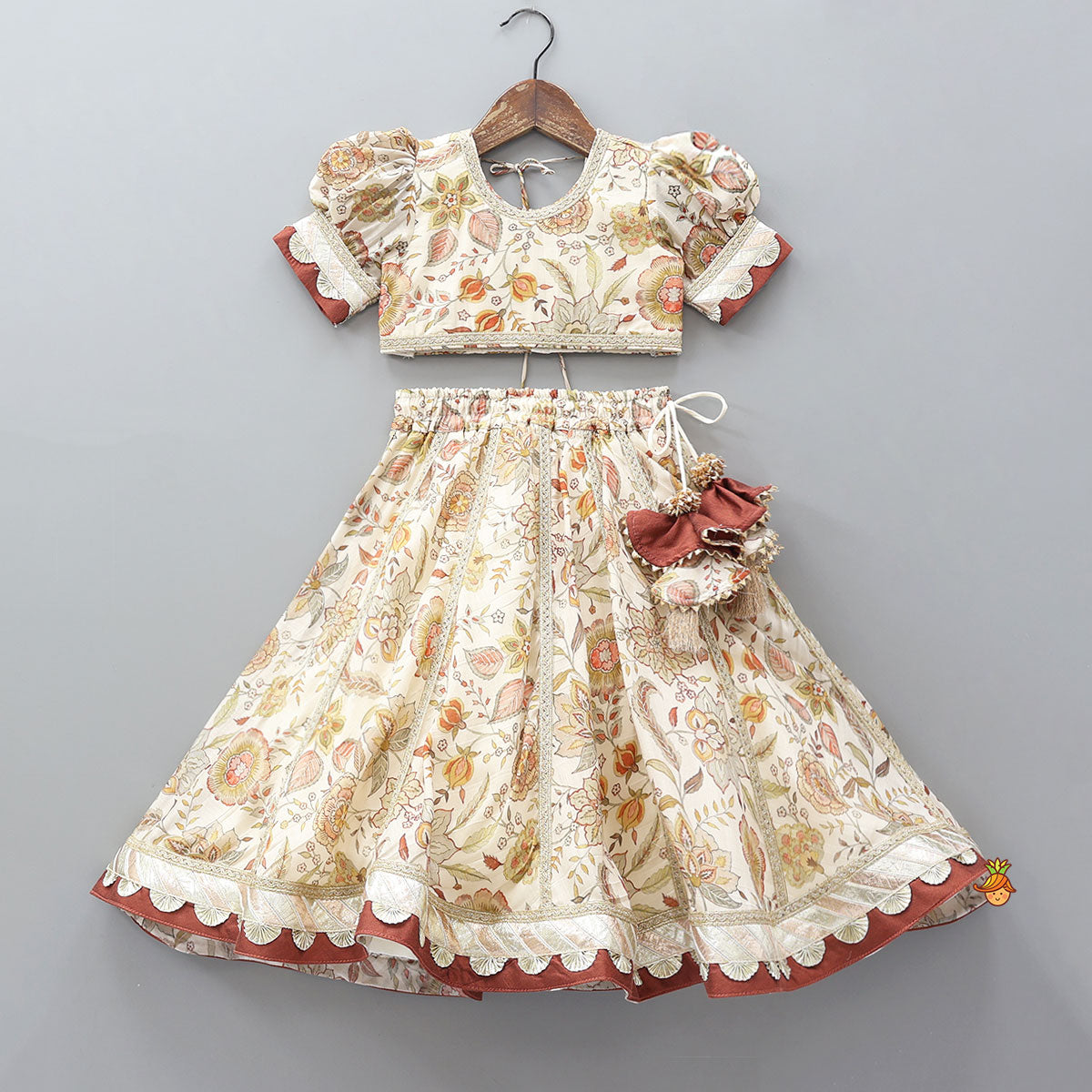 Pre Order: Round Neck Floral Top And Lace Work Lehenga With Matching Dupatta