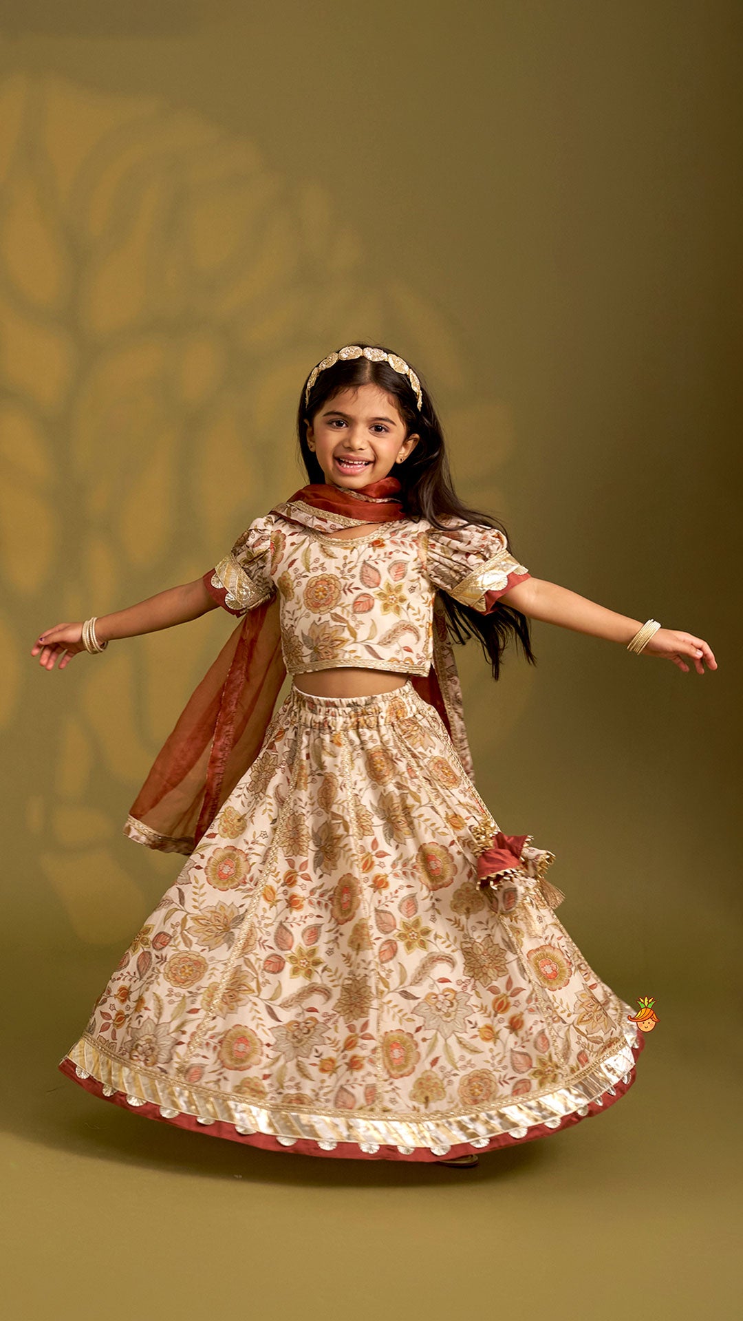 Pre Order: Round Neck Floral Top And Lace Work Lehenga With Matching Dupatta