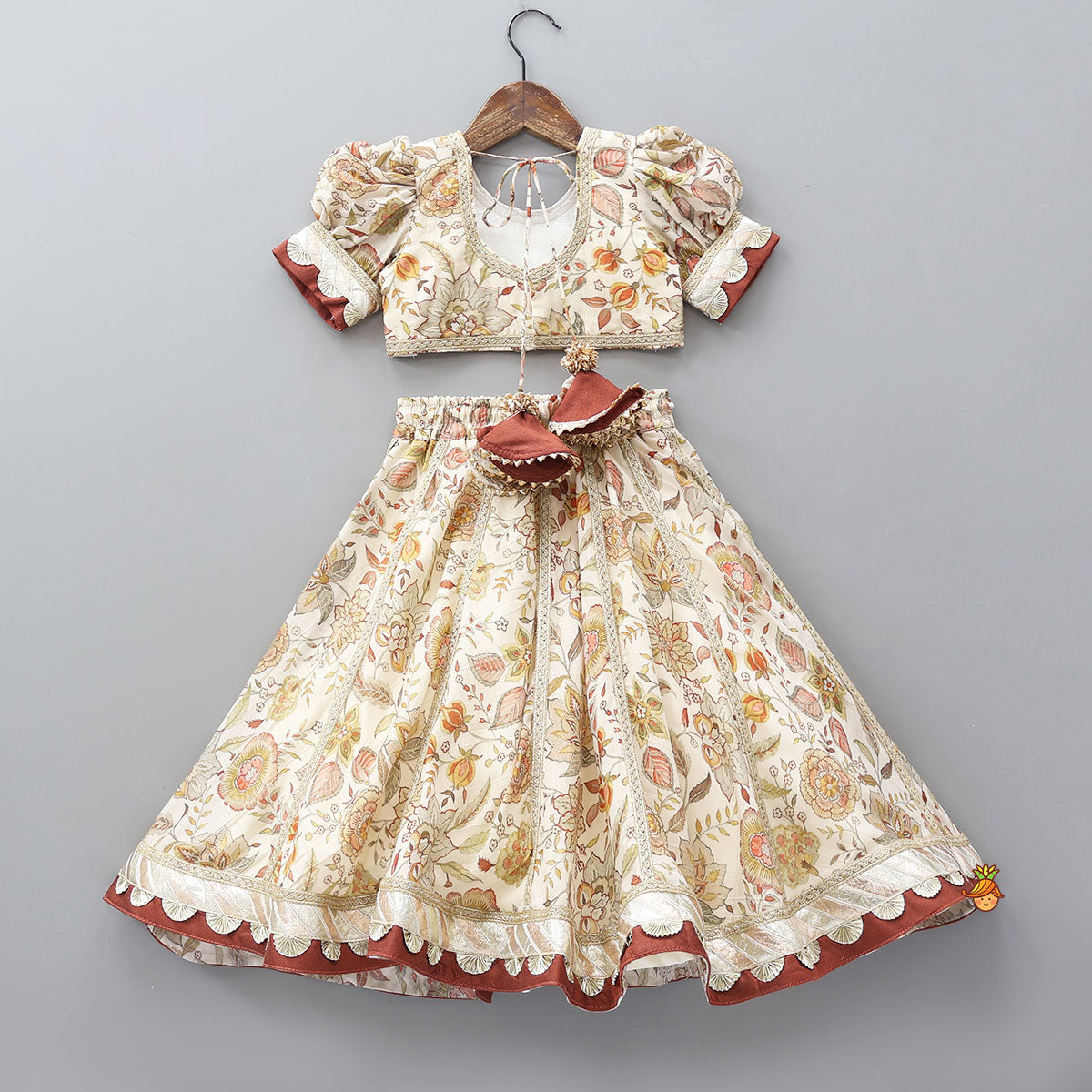 Pre Order: Round Neck Floral Top And Lace Work Lehenga With Matching Dupatta