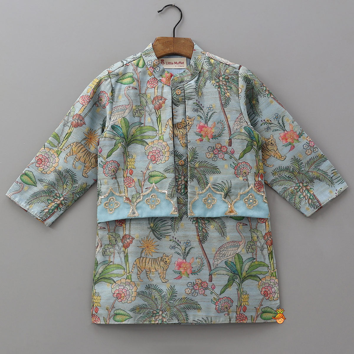 Pre Order: Jungle Printed Jacket Style Kurta With Pyjama