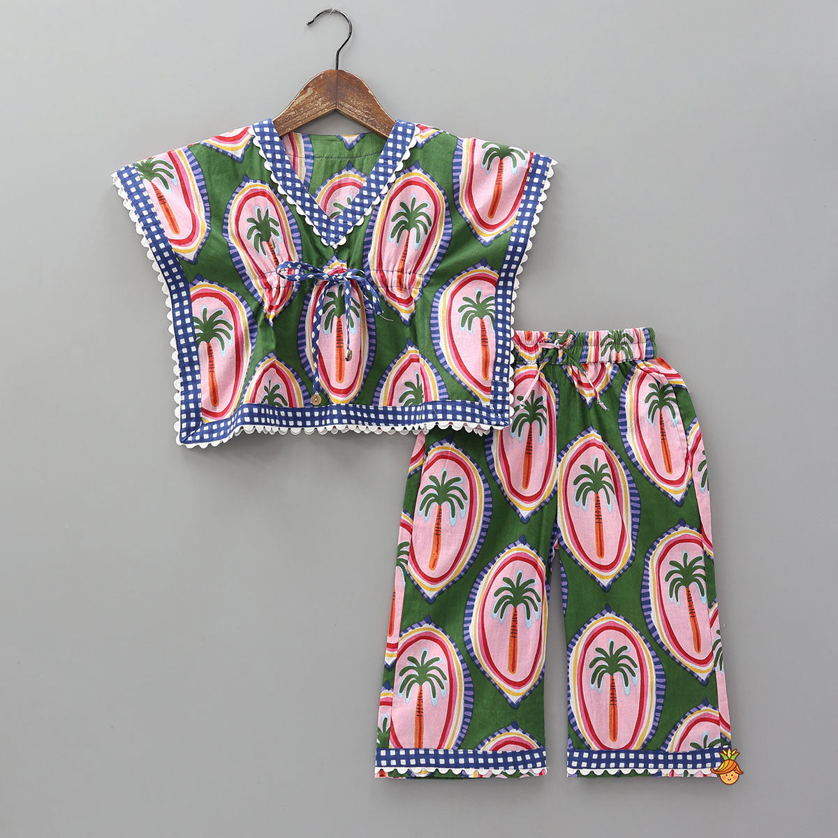 Pre Order: Tropical Tree Print Kaftan And Pyjama With Matching Tote Bag, Eye Mask And Scrunchie