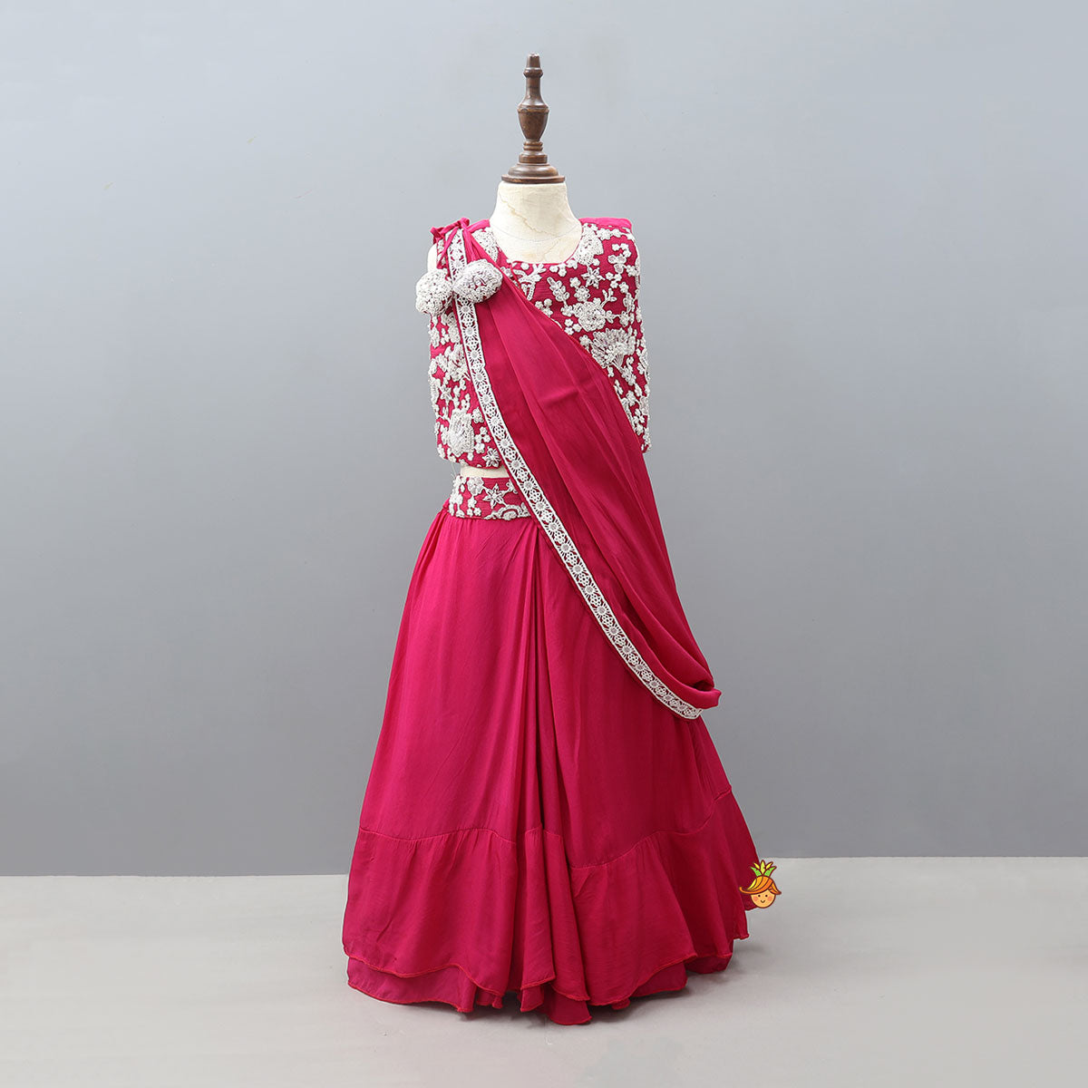 Pre Order: Stylish Front-Cut Top With Pleated Lehenga And Dupatta