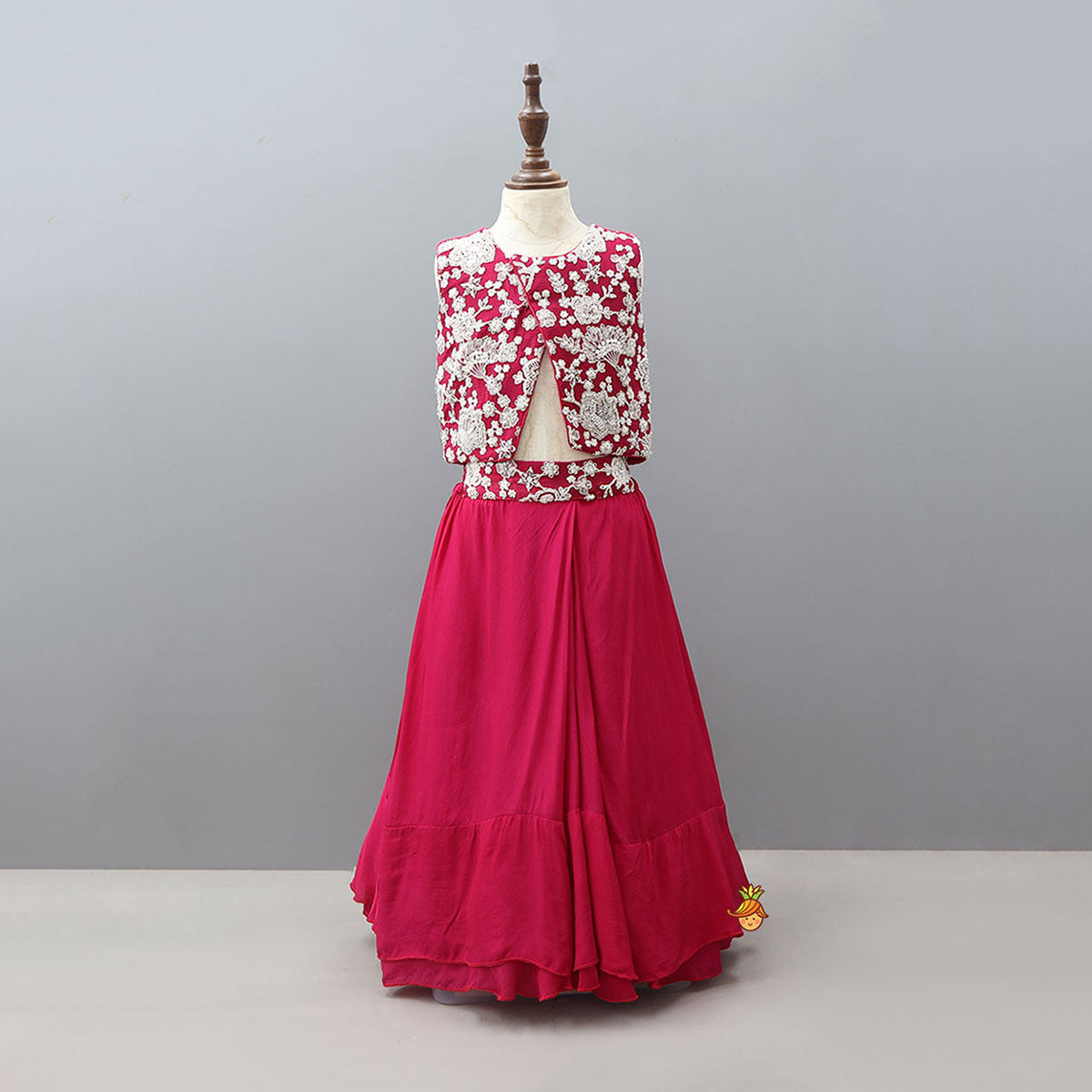 Pre Order: Stylish Front-Cut Top With Pleated Lehenga And Dupatta