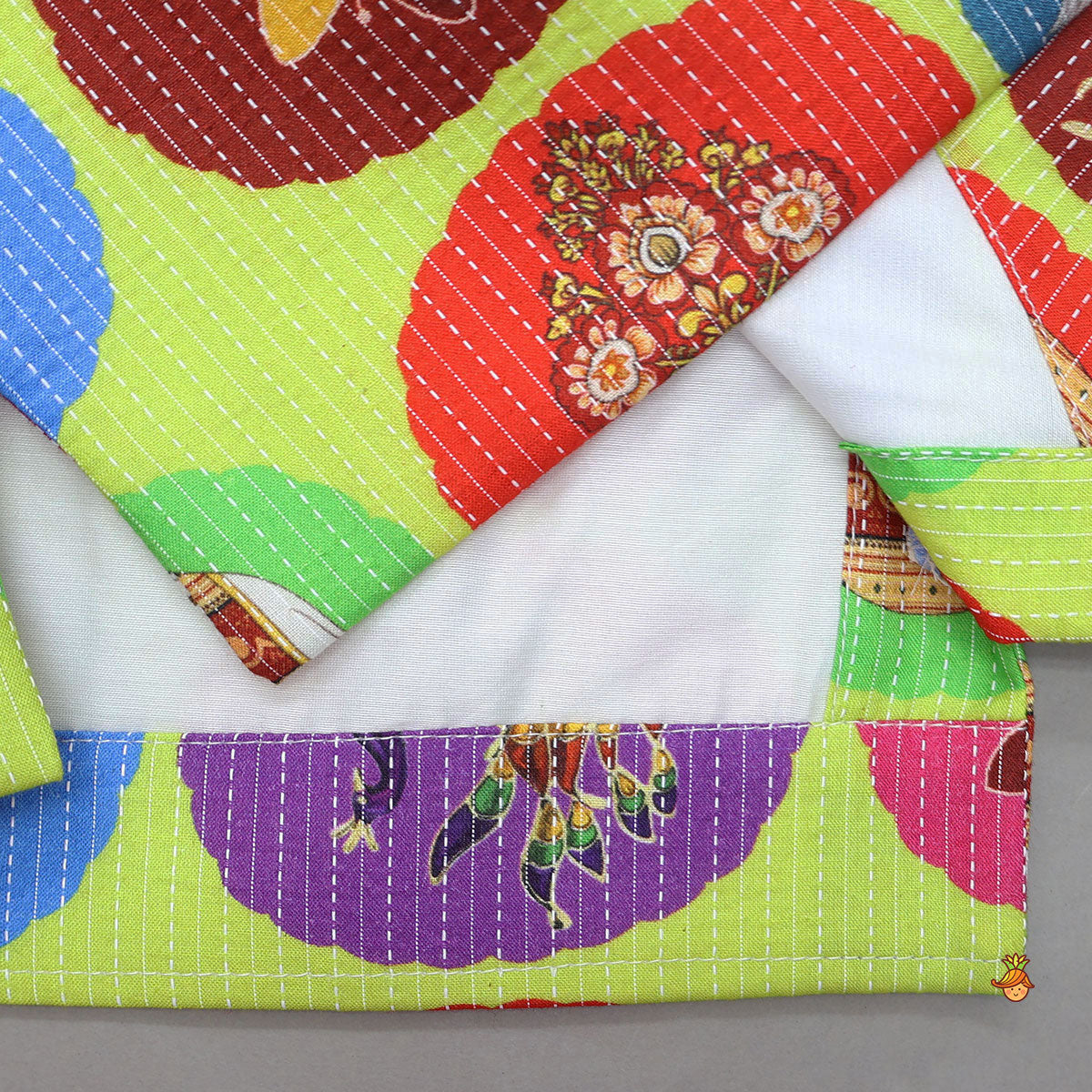 Pre Order: Kurta With Ethnic Printed Thread Work Jacket And Churidar