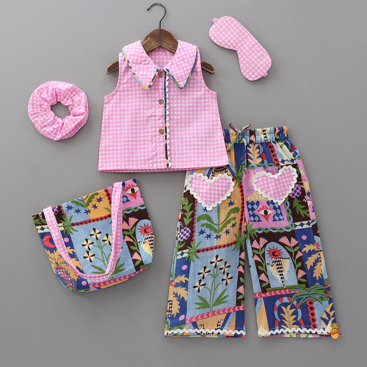 Pre Order: Whimsical Printed Sleepwear Set With Tote Bag, Eye Mask And Scrunchie