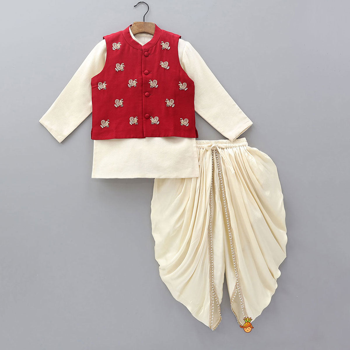 Pre Order: Pin Tuck Front Placket Kurta With Hand Embroidered Jacket And Pleated Dhoti