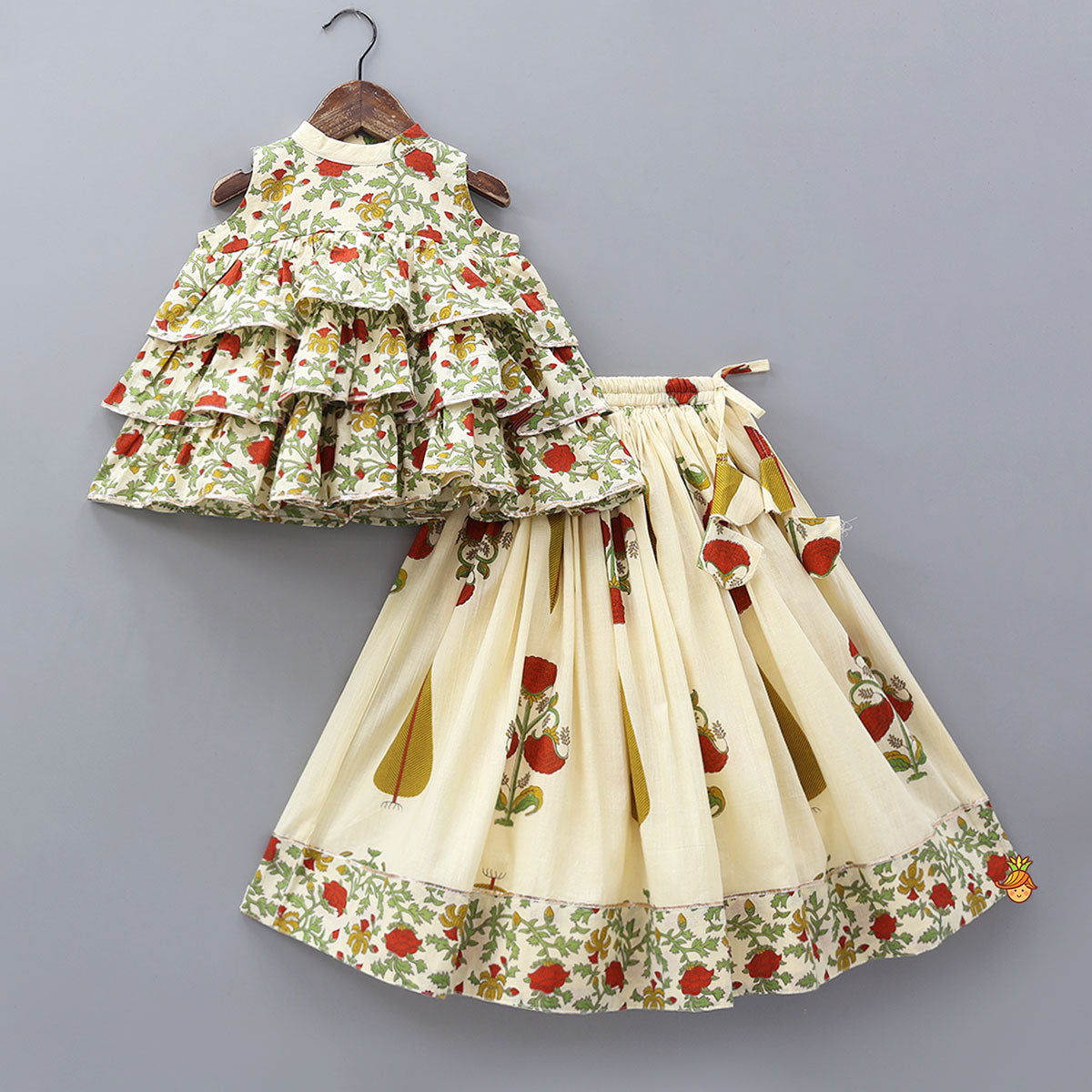 Pre Order: Triple Layered Printed Top And Lehenga