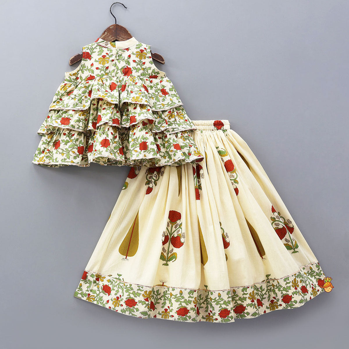 Pre Order: Triple Layered Printed Top And Lehenga