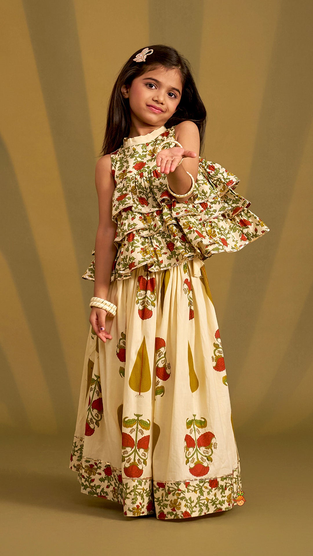 Pre Order: Triple Layered Printed Top And Lehenga