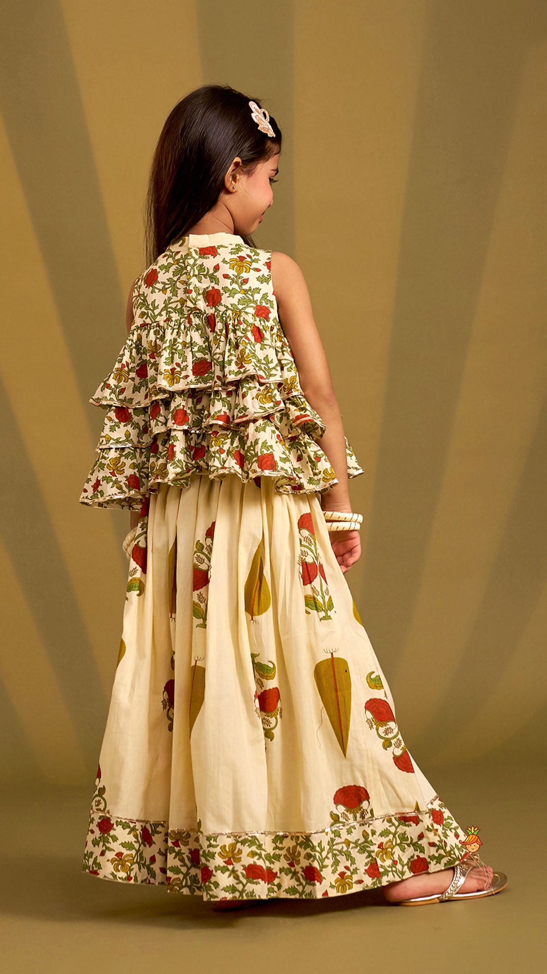 Pre Order: Triple Layered Printed Top And Lehenga
