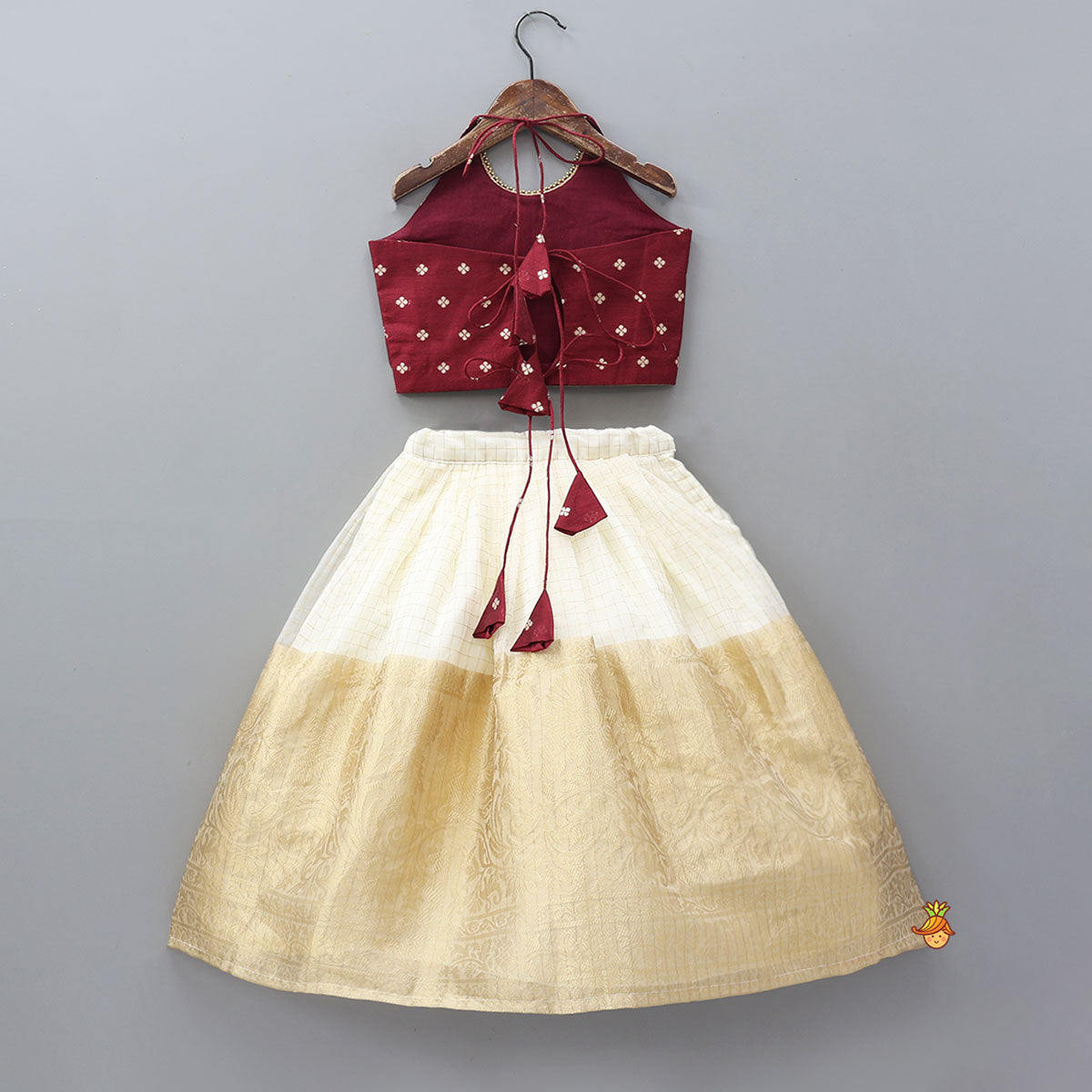 Pre Order: Floral Motif Embellished Halter Neck Crop Top With Organza Lehenga