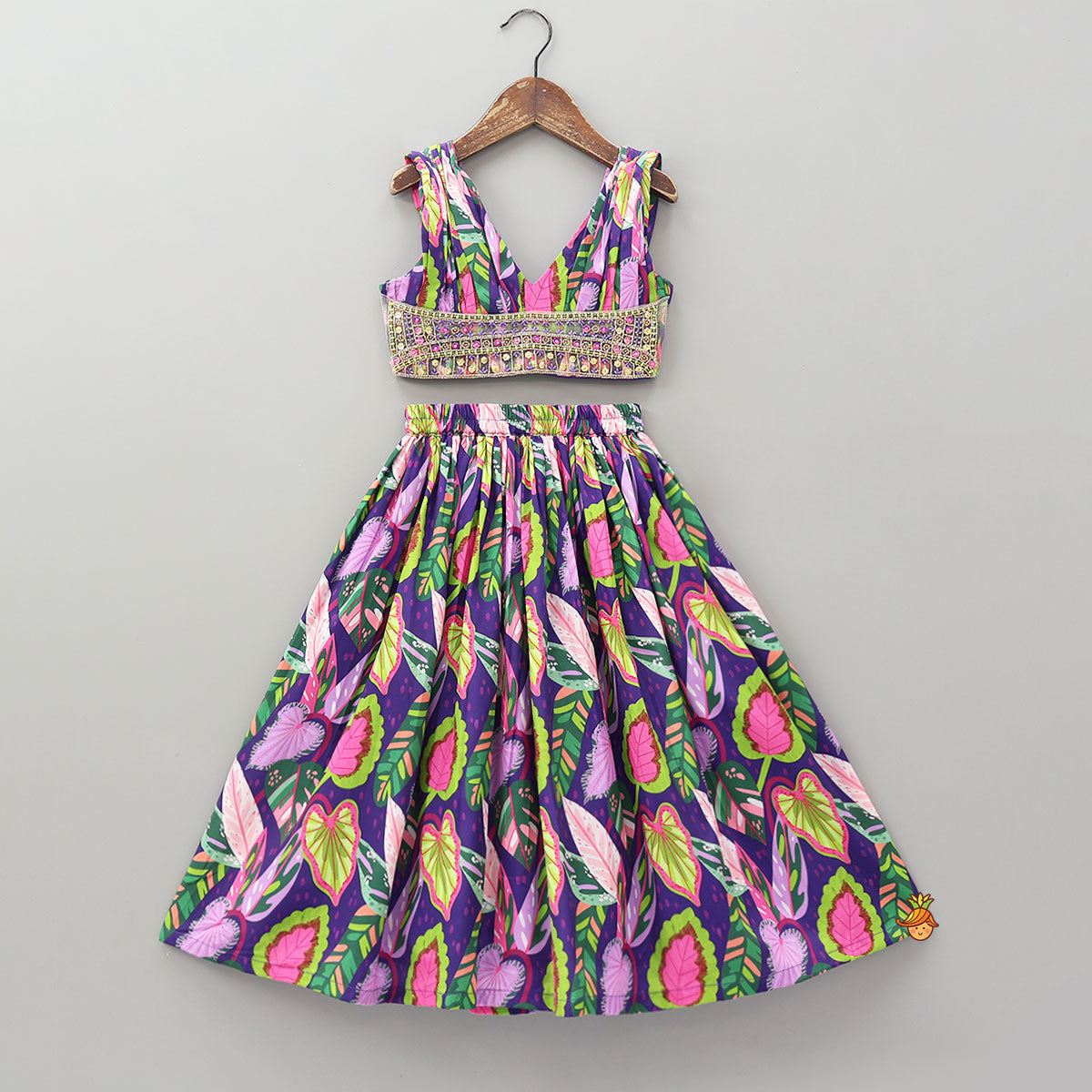 Pre Order: Digital Printed Hand Pleated Crop Top And Lehenga