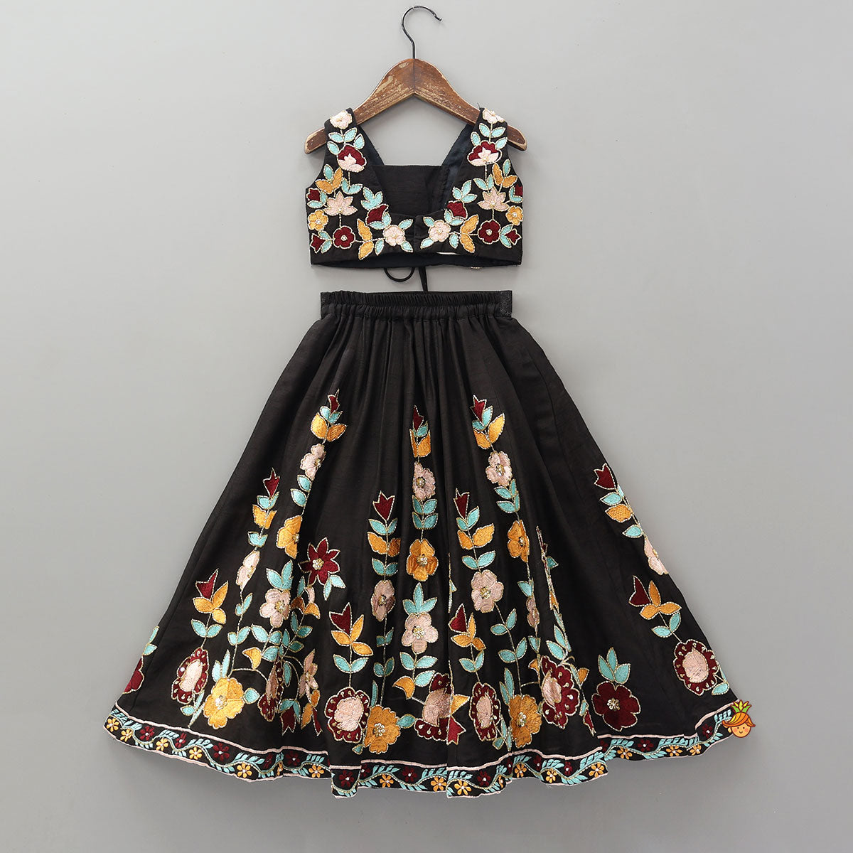 Pre Order: Exquisite Floral Embroidered Embellished Crop Top With Lehenga
