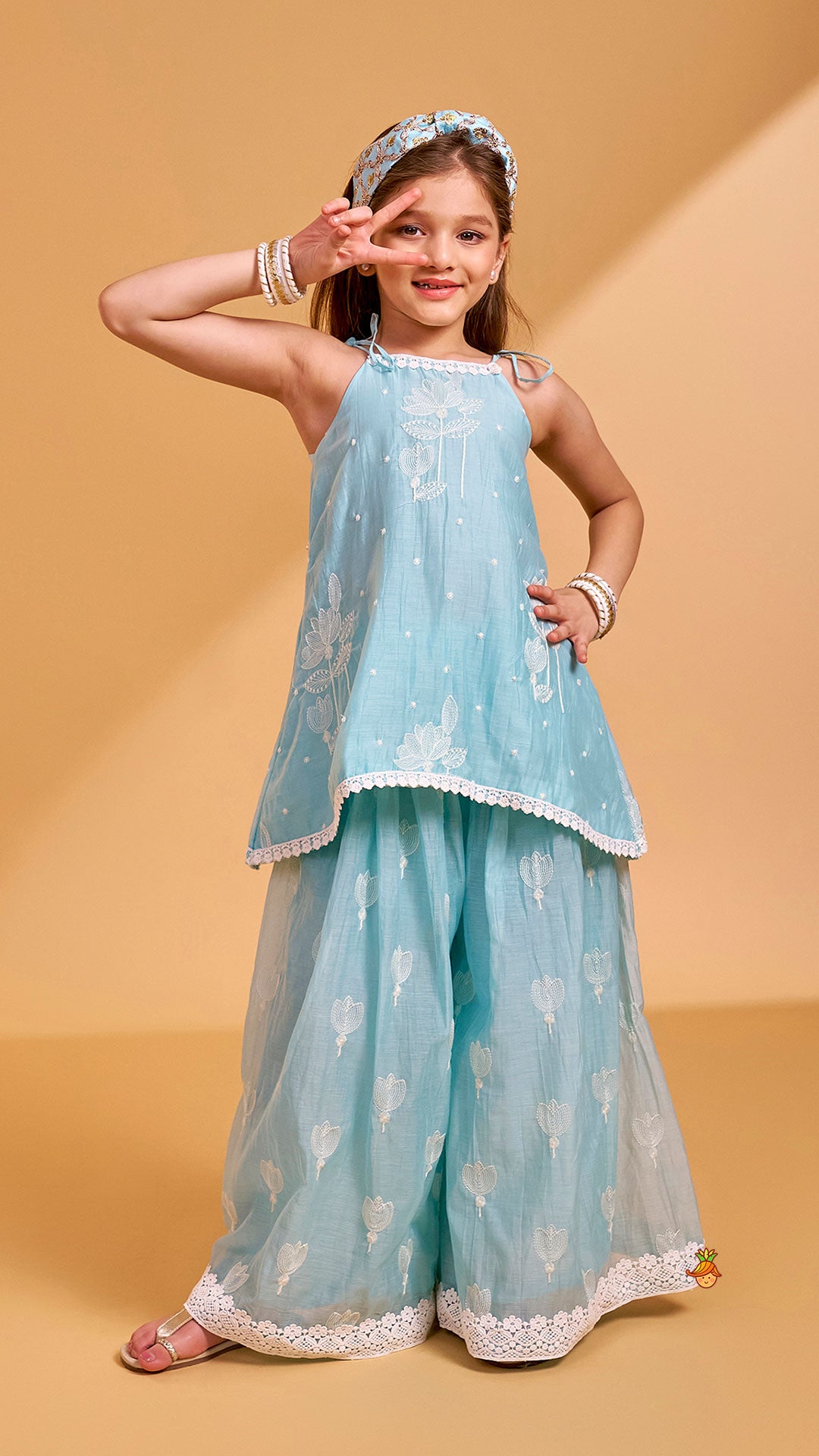 Pre Order: Floral Thread Embroidered Tie-Up Strap Kurti With Palazzo