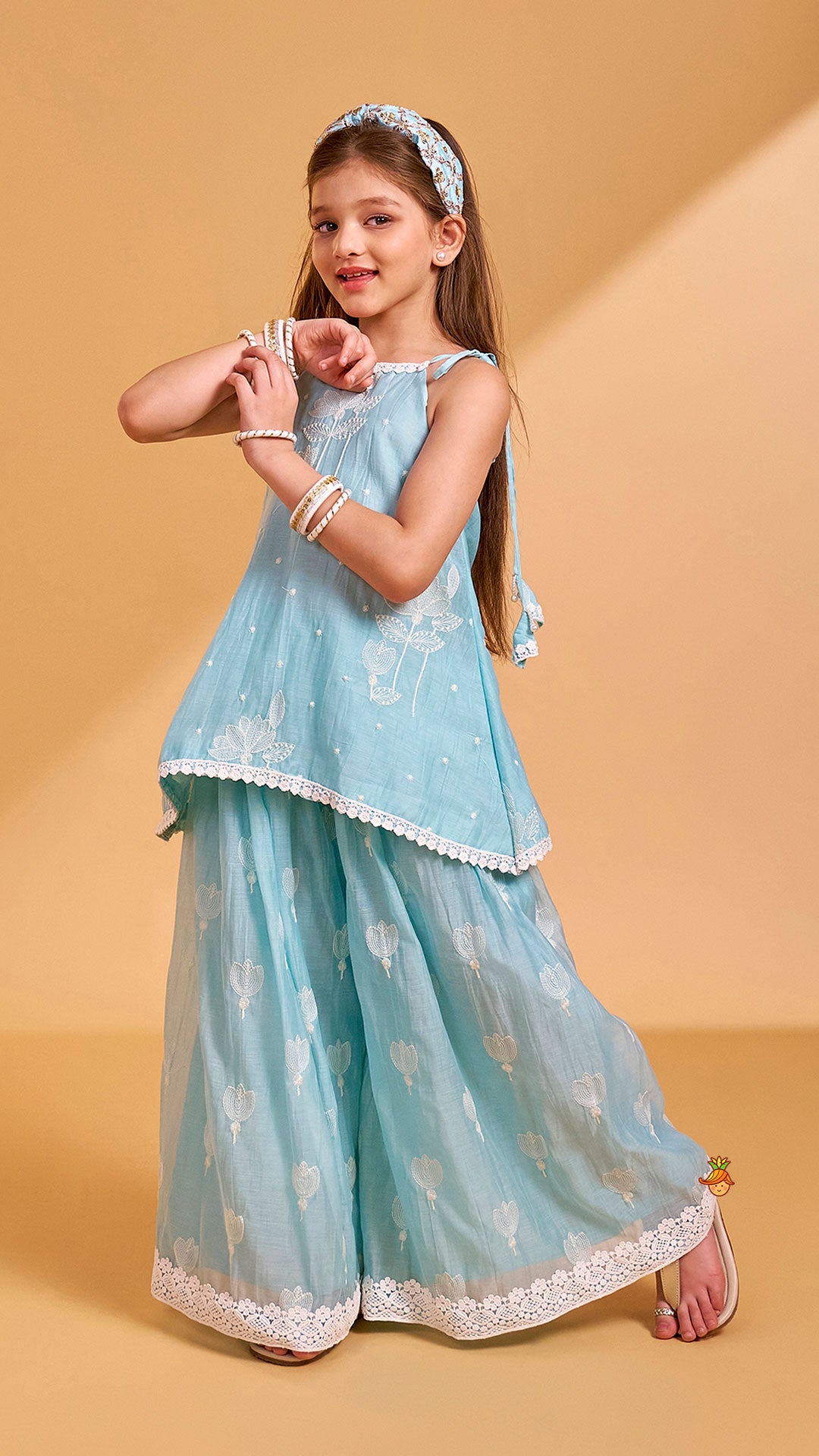 Pre Order: Floral Thread Embroidered Tie-Up Strap Kurti With Palazzo