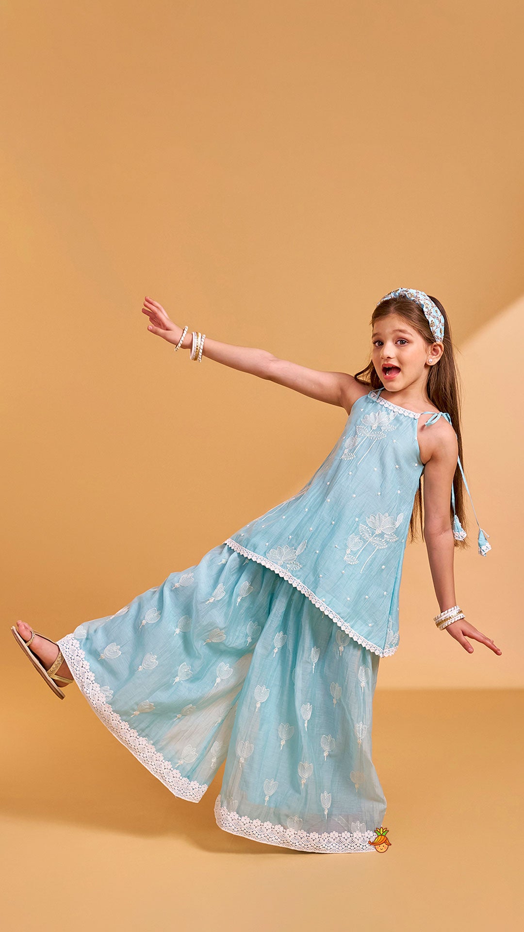 Pre Order: Floral Thread Embroidered Tie-Up Strap Kurti With Palazzo