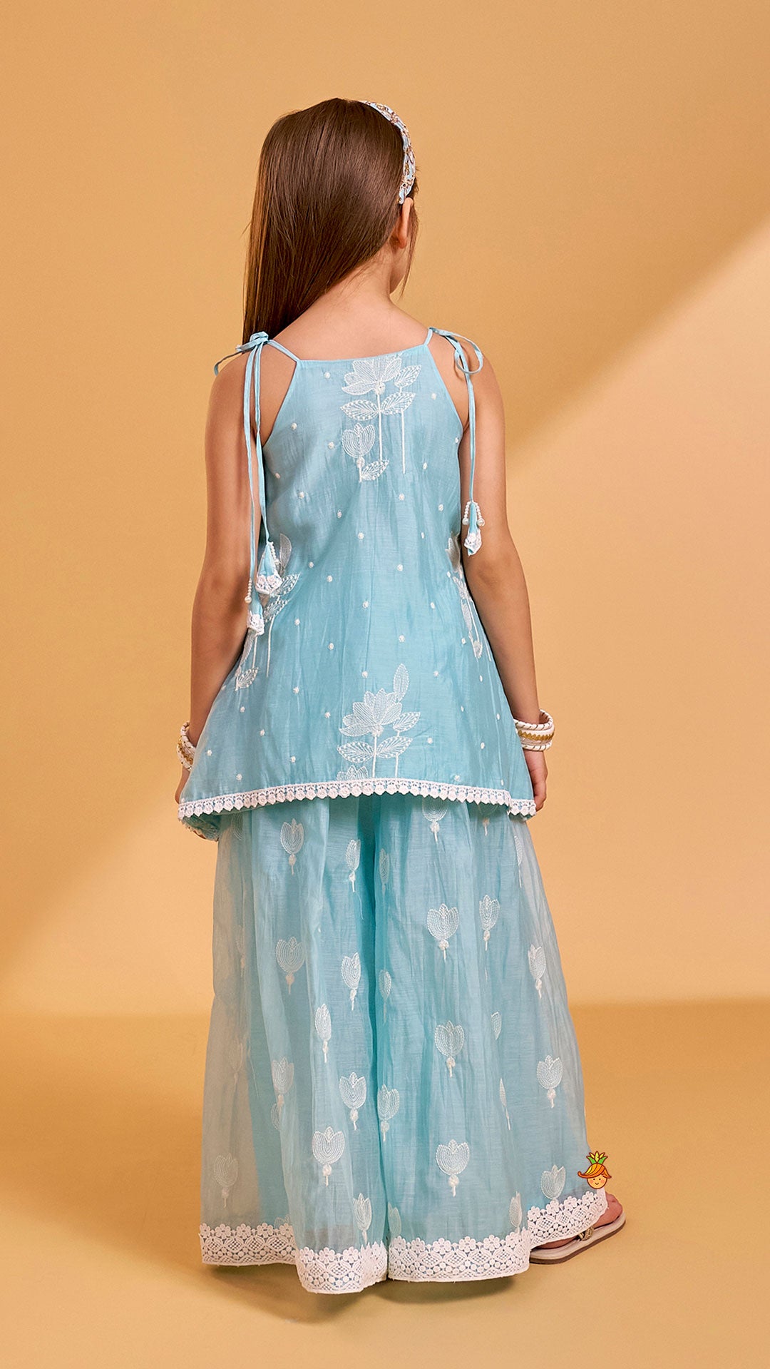 Pre Order: Floral Thread Embroidered Tie-Up Strap Kurti With Palazzo