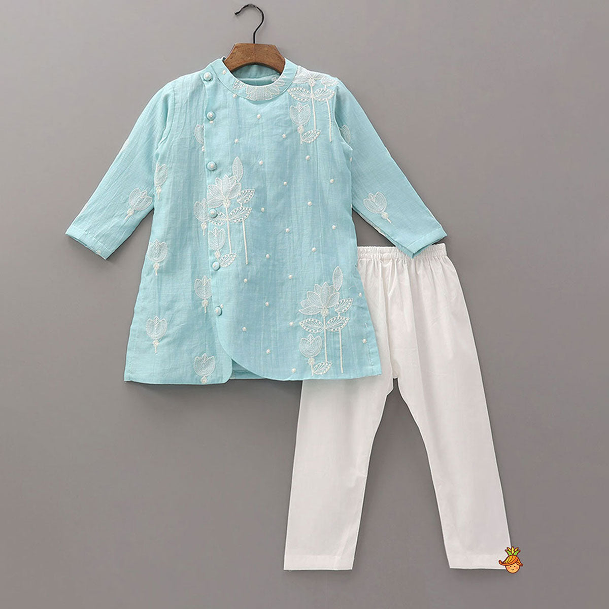 Pre Order: Stylish Asymmetric Floral Thread Embroidered Kurta With Pyjama