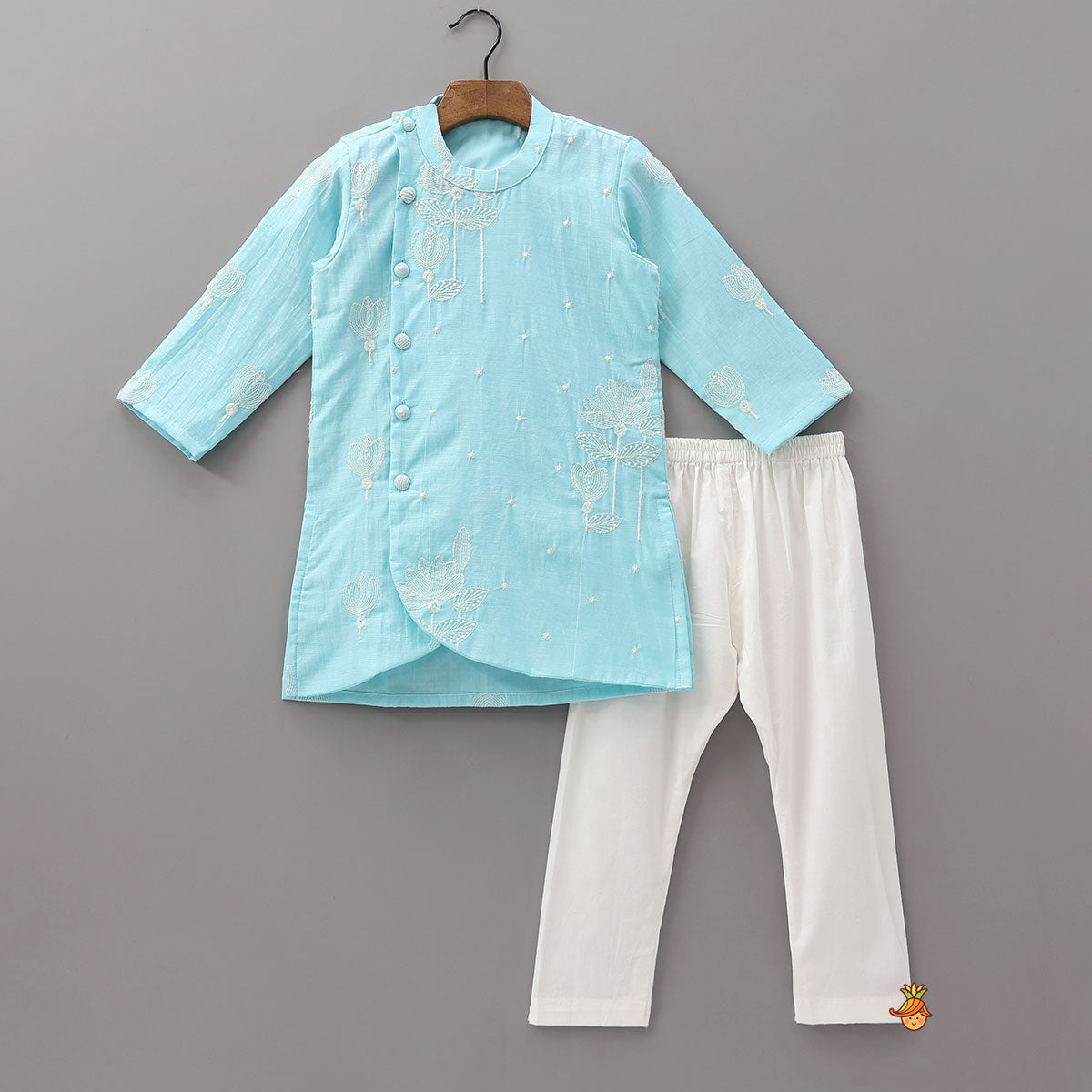 Pre Order: Stylish Asymmetric Floral Thread Embroidered Kurta With Pyjama