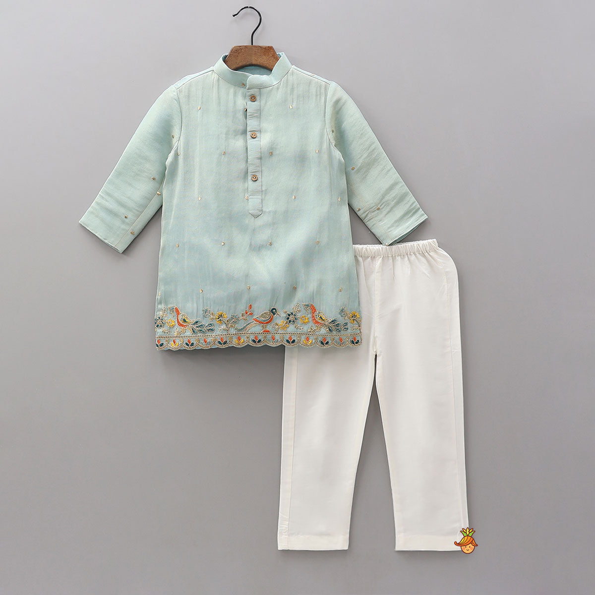 Pre Order: Vibrant Birds Embroidered Buti Detailed Kurta With Pyjama