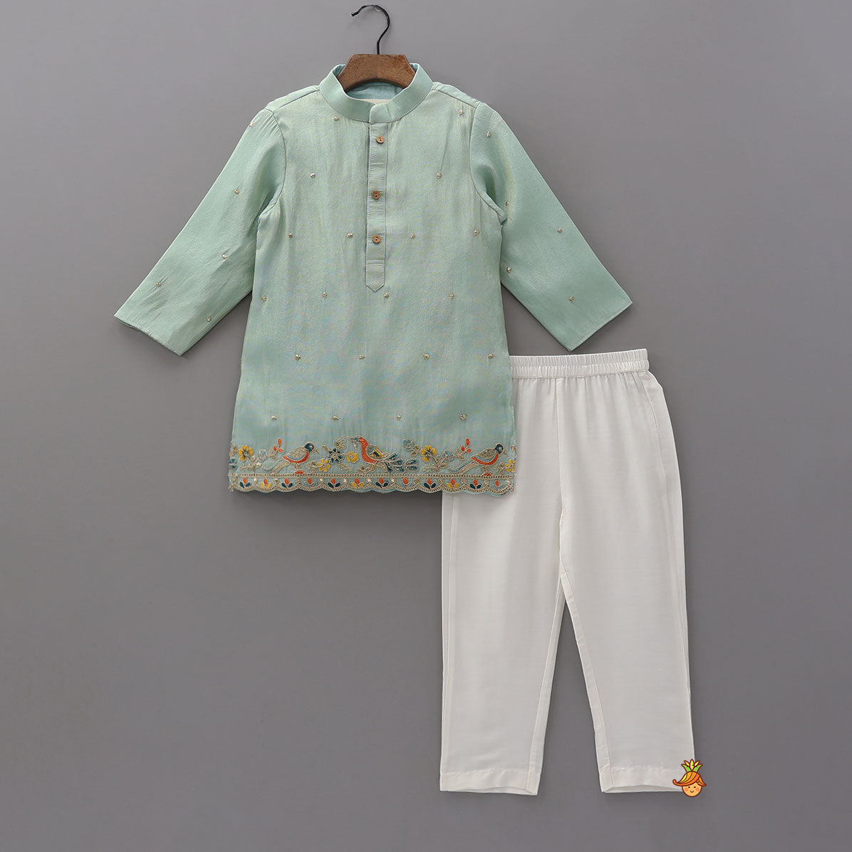 Pre Order: Vibrant Birds Embroidered Buti Detailed Kurta With Pyjama