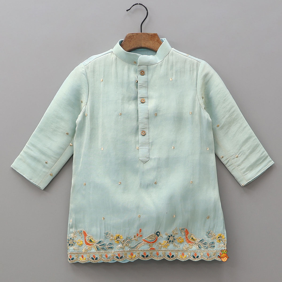 Pre Order: Vibrant Birds Embroidered Buti Detailed Kurta With Pyjama