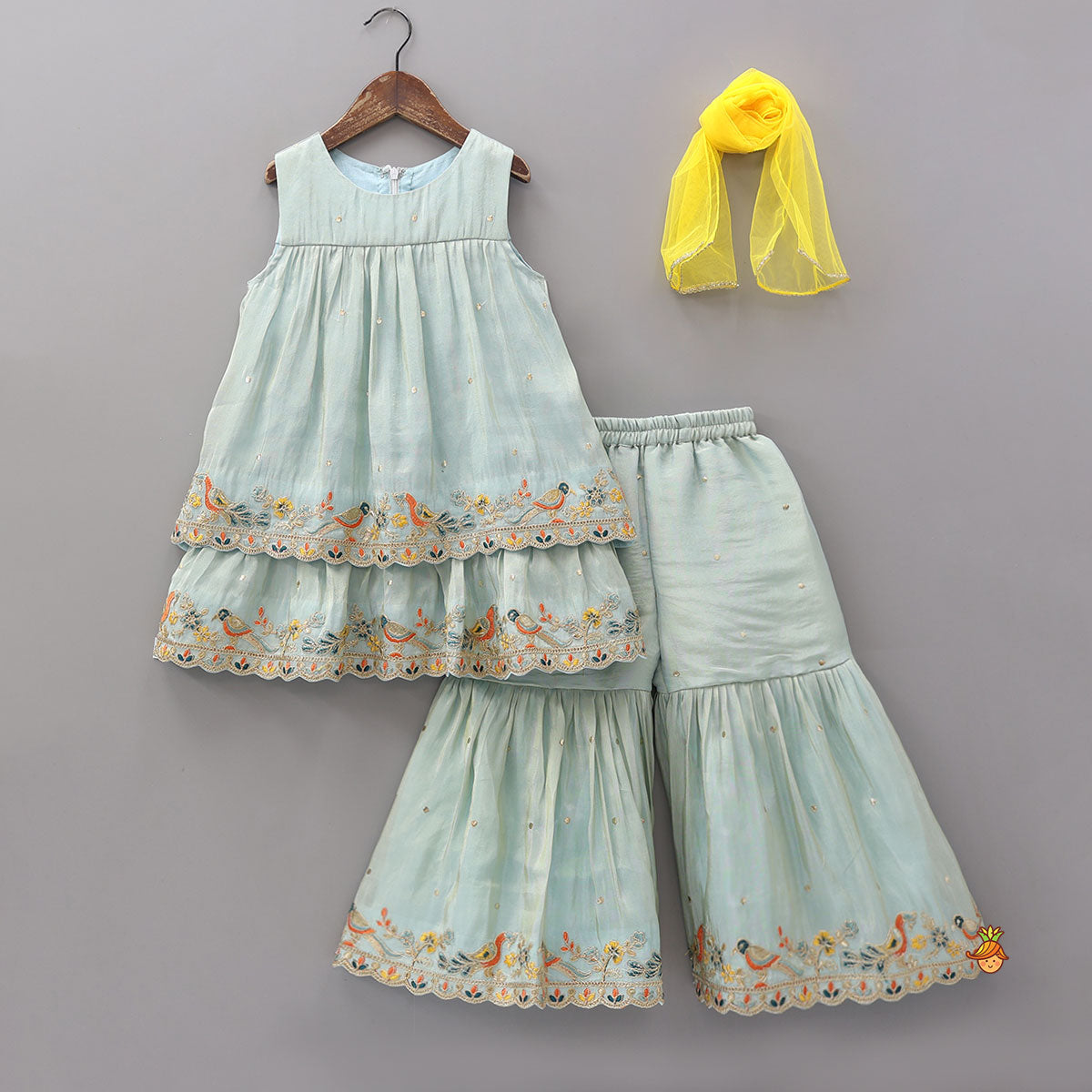 Pre Order: Layered Shimmery Kurti And Sharara With Contrasting Dupatta