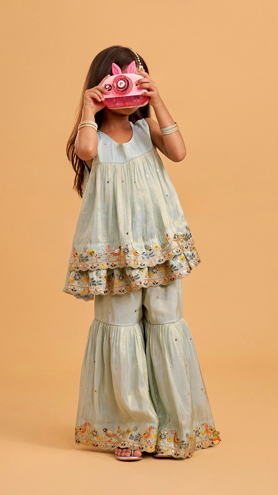 Pre Order: Layered Shimmery Kurti And Sharara With Contrasting Dupatta
