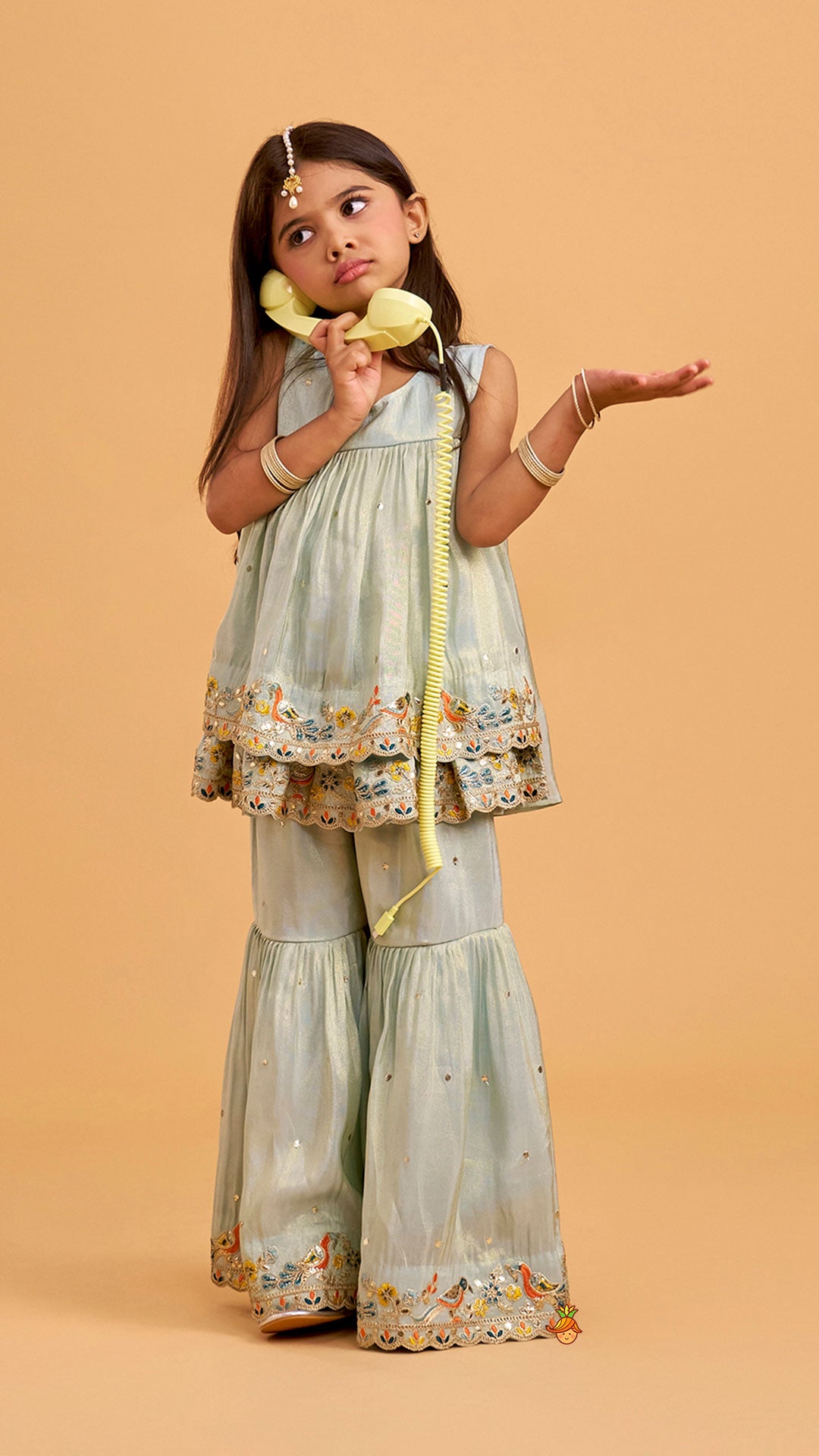 Pre Order: Layered Shimmery Kurti And Sharara With Contrasting Dupatta