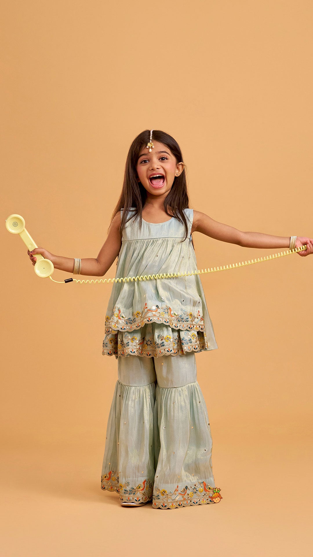 Pre Order: Layered Shimmery Kurti And Sharara With Contrasting Dupatta