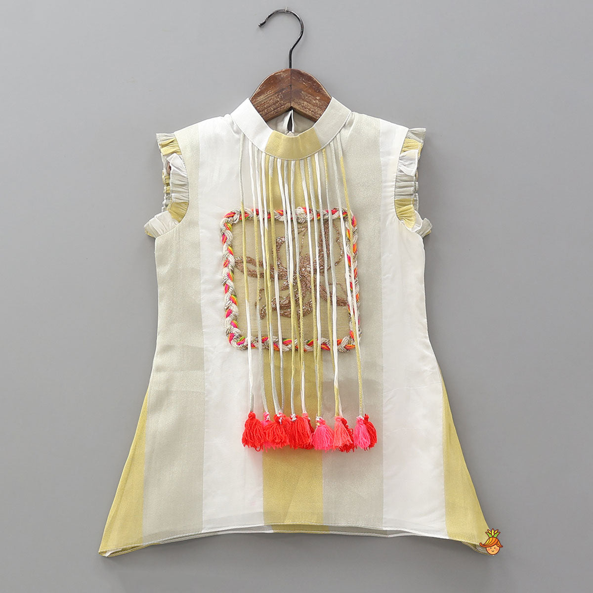 Pre Order: Tassels And Embroidered Patchwork Detailed Striped Top And Palazzo