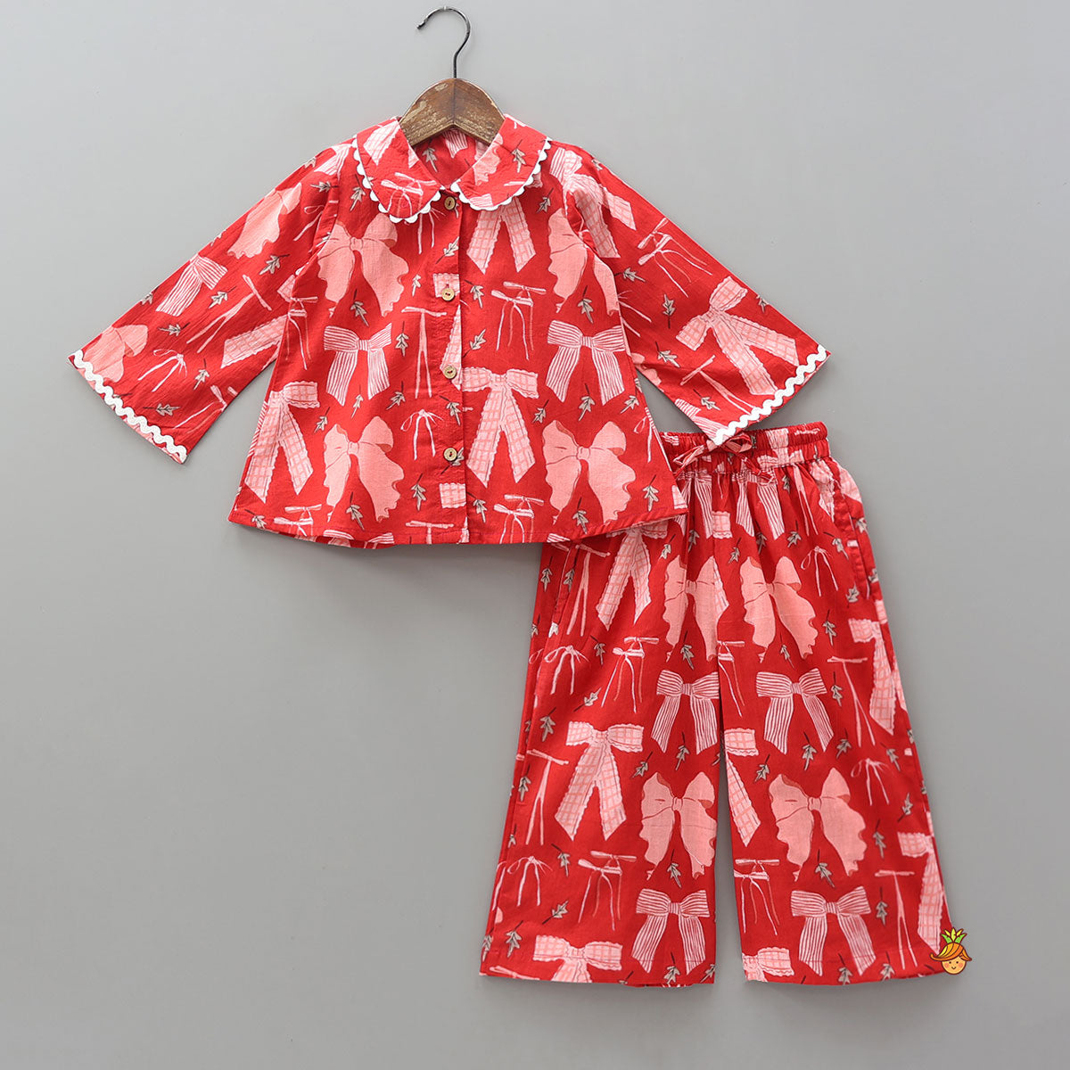 Pre Order: Hand Block Printed Sleepwear Set With Scalloped Lace Details