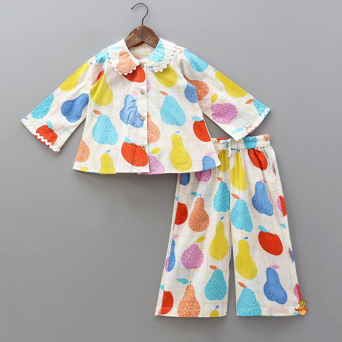 Pre Order: Hand Block Printed Checkered Sleepwear Set With Scalloped Lace Detailing