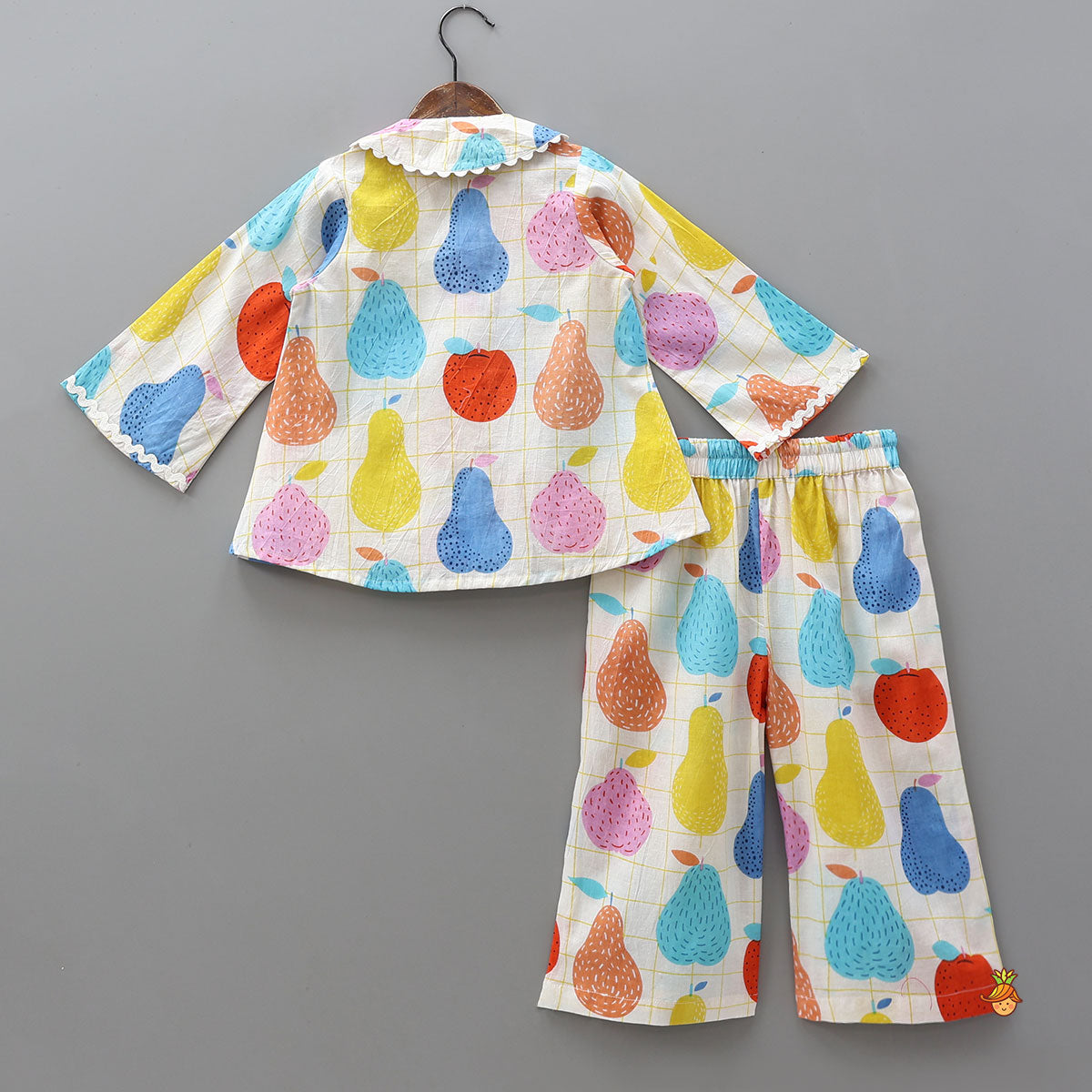 Pre Order: Hand Block Printed Checkered Sleepwear Set With Scalloped Lace Detailing