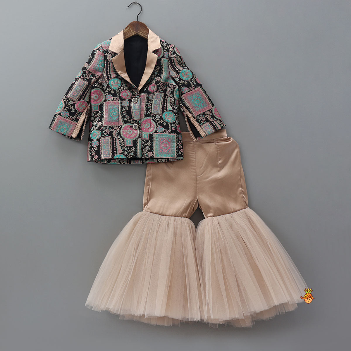 Pre Order: Noted Collar Jacket Style Top And Net Sharara