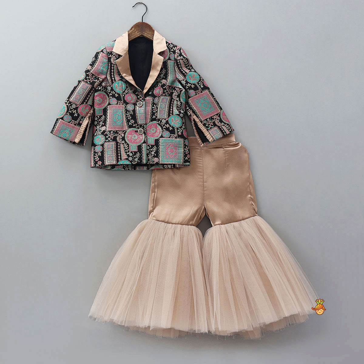 Pre Order: Noted Collar Jacket Style Top And Net Sharara