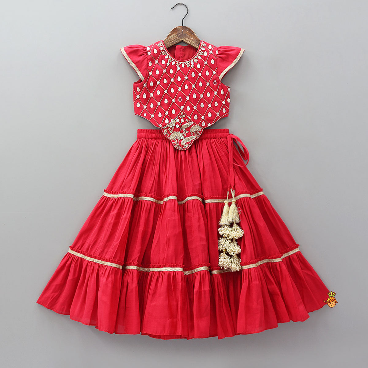 Pre Order: Check Embroidered Crop Top And Tiered Lehenga With Matching Dupatta