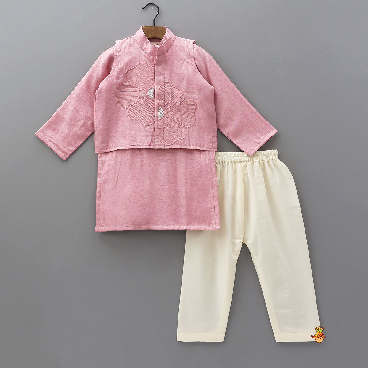 Pre Order: Elegant Silk Kurta With Floral Thread Embroidered Jacket And Pyjama