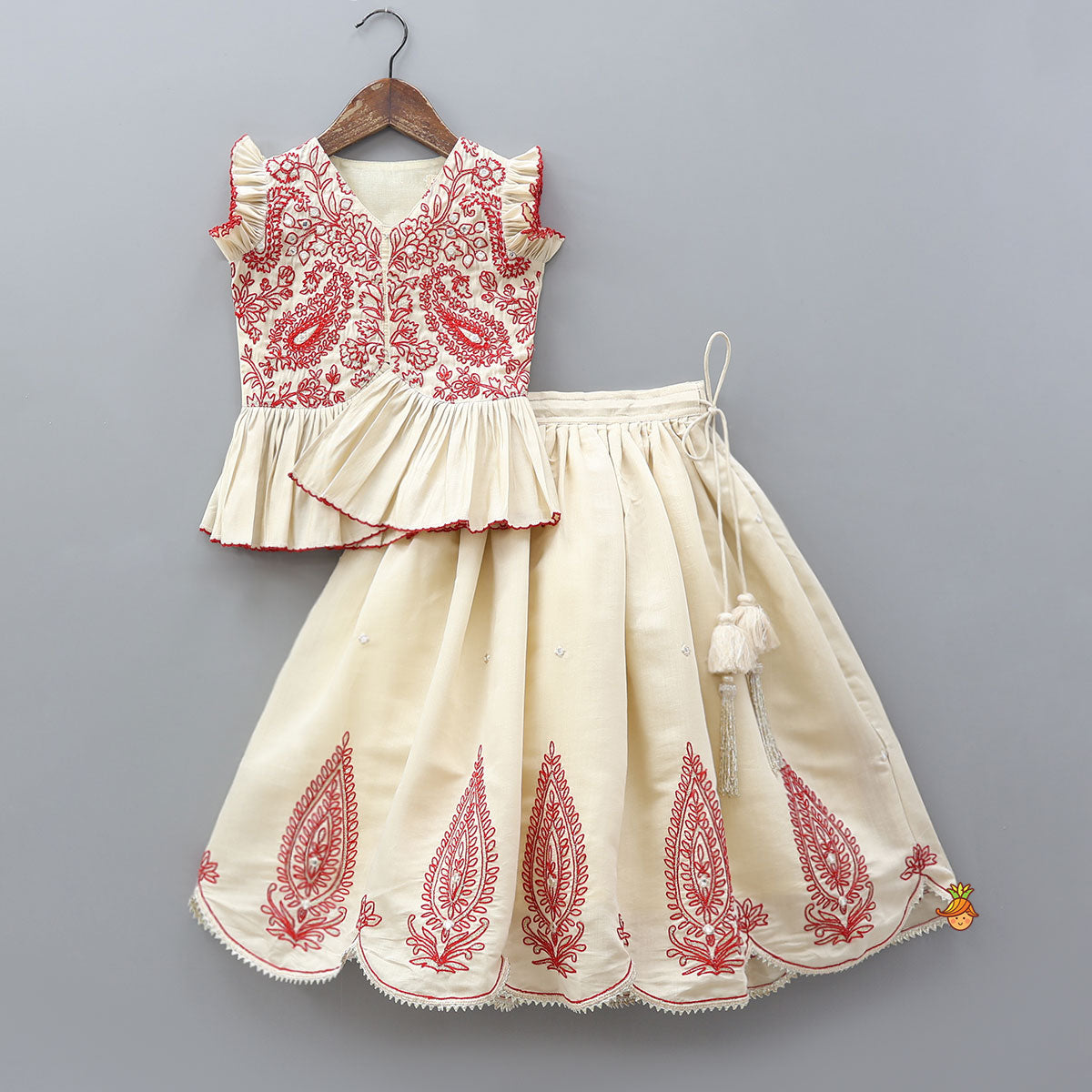 Pre Order: Hand Dori Embroidered Faux Mirror Detailed Peplum Top And Lehenga
