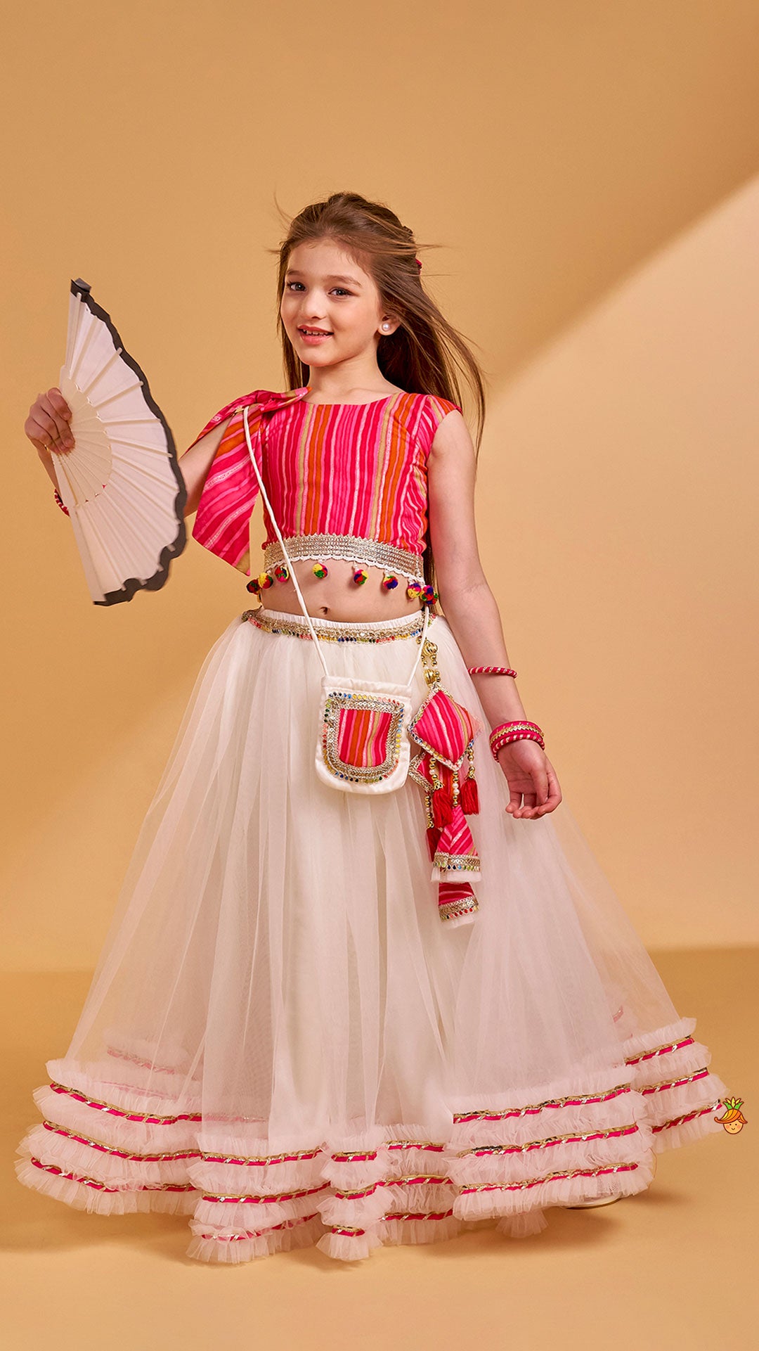 Crop Top And Ruffle Hem Lehenga With Net Dupatta And Sling Bag